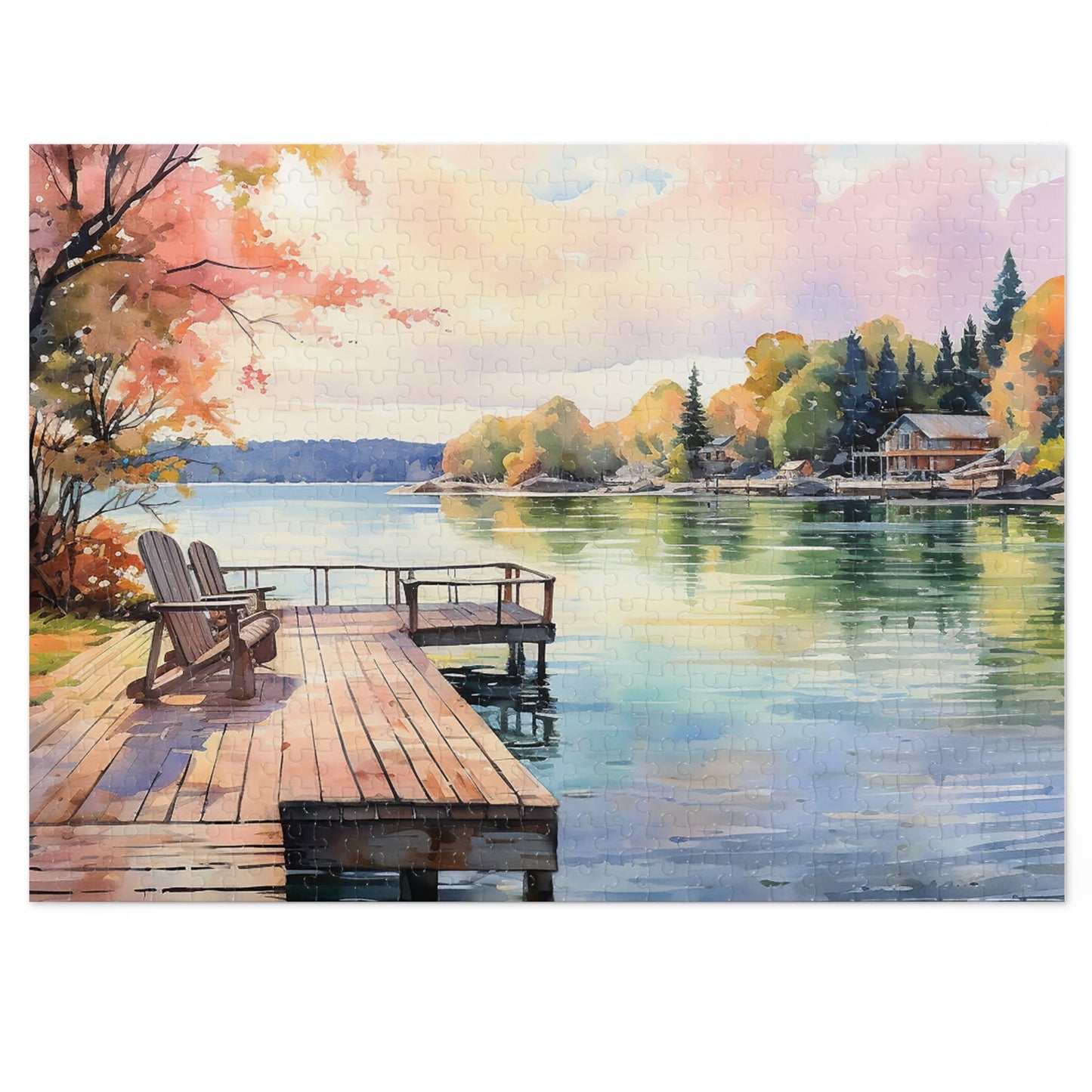 Lakeside Reflections Jigsaw Puzzle, beautiful watercolor scene, available in 500 or 1000 pieces