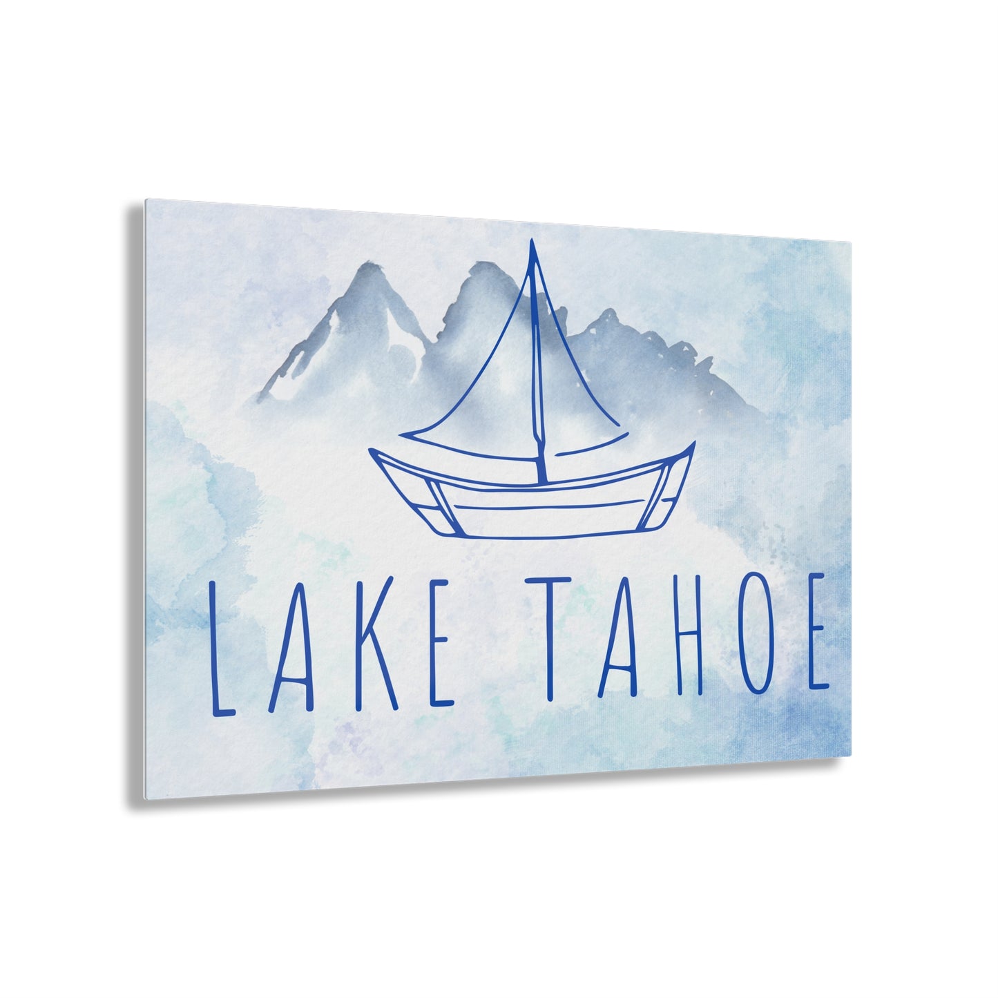 Lake Tahoe Sailboat Acrylic Print in shades of blue watercolors