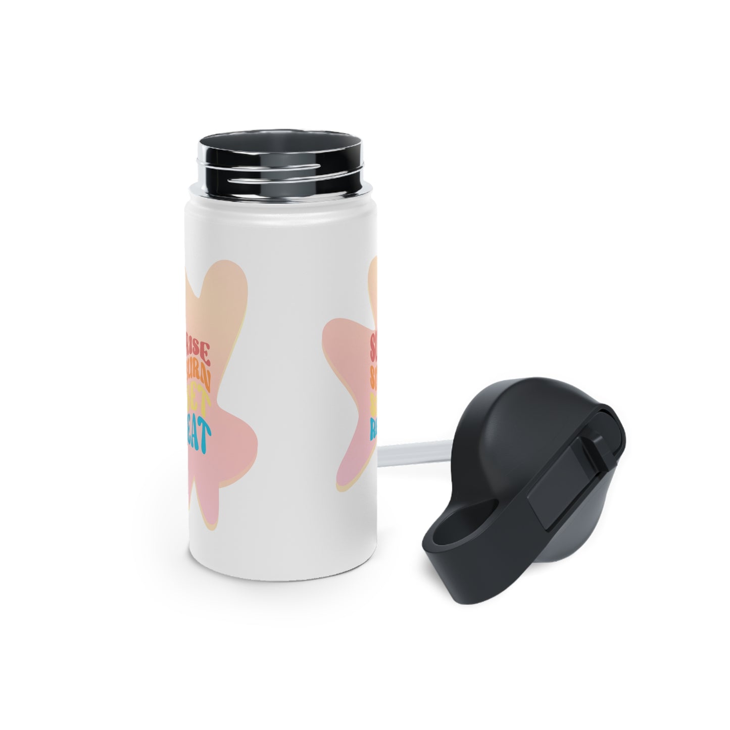 Sunrise, Sunburn, Sunset, Repeat Stainless Steel Water Bottle in pink and white