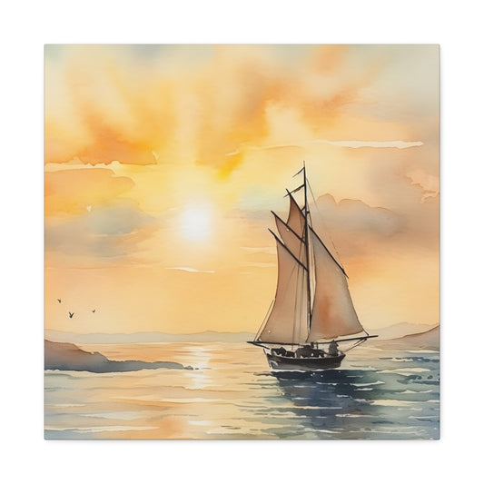 Mid-morning Sail Canvas, featuring a sailboat on a lake in beautiful shades of yellow, various sizes