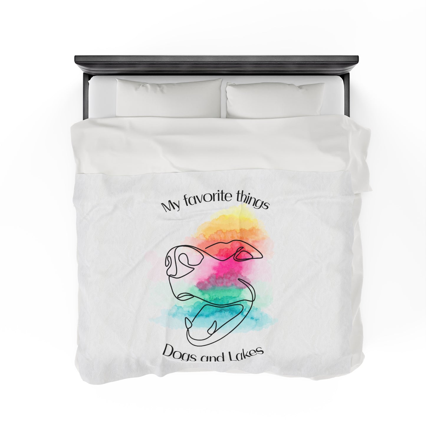 My Favorite Things: Dogs and Lakes Velveteen Plush Blanket featuring an adorable dog face line drawing with watercolor background