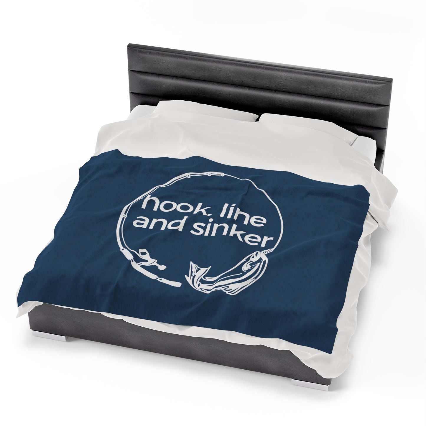 Hook, Line and Sinker Velveteen Plush Blanket in a deep warm blue color featuring a fishing pole and fish