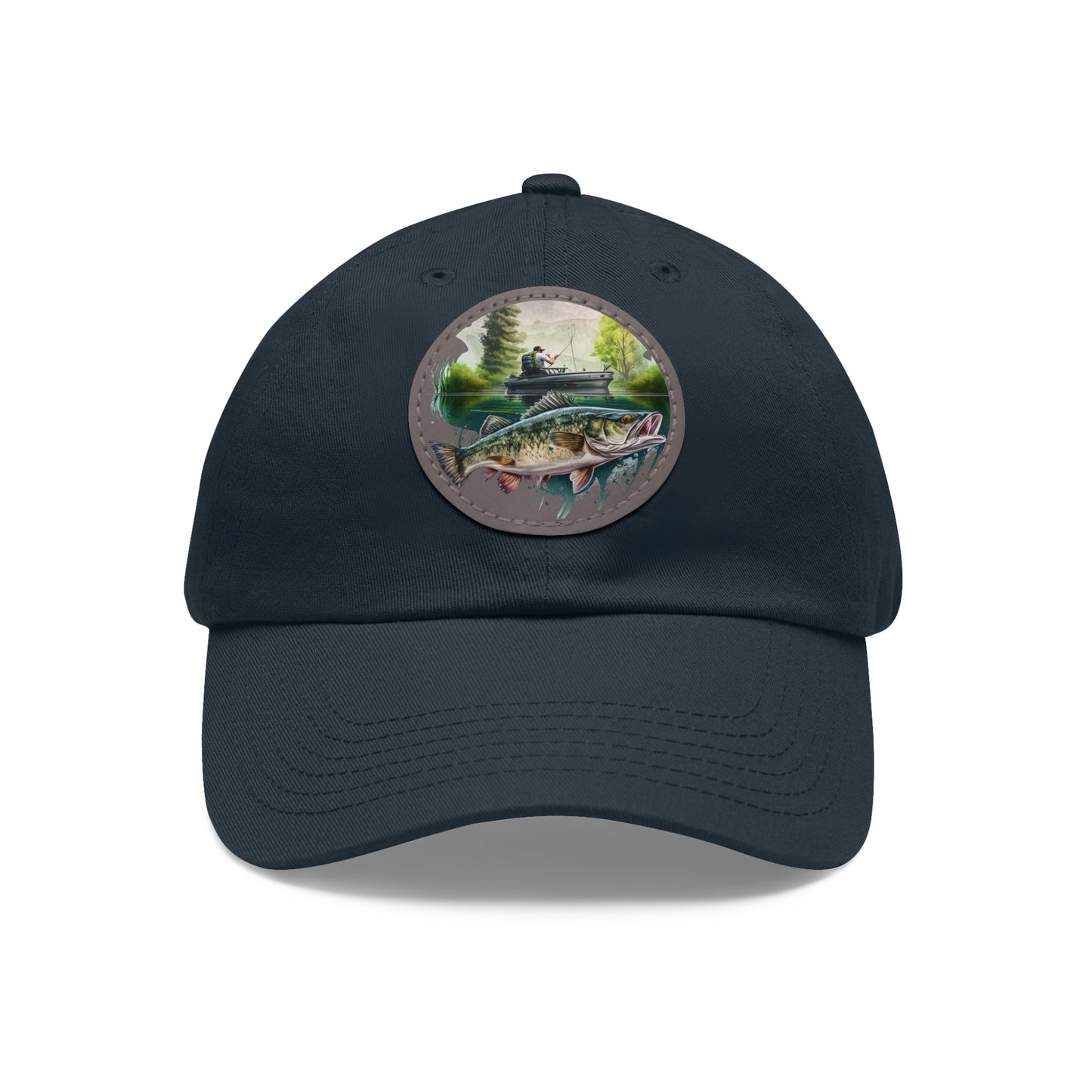 There's Always a Bigger Fish Dad Hat with Leather Patch, white hat featuring a fisherman and a walleye