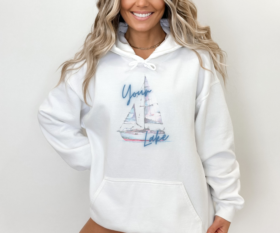 Customizable Colorful Sailboat Unisex Hoodie, personalized with the name of your lake