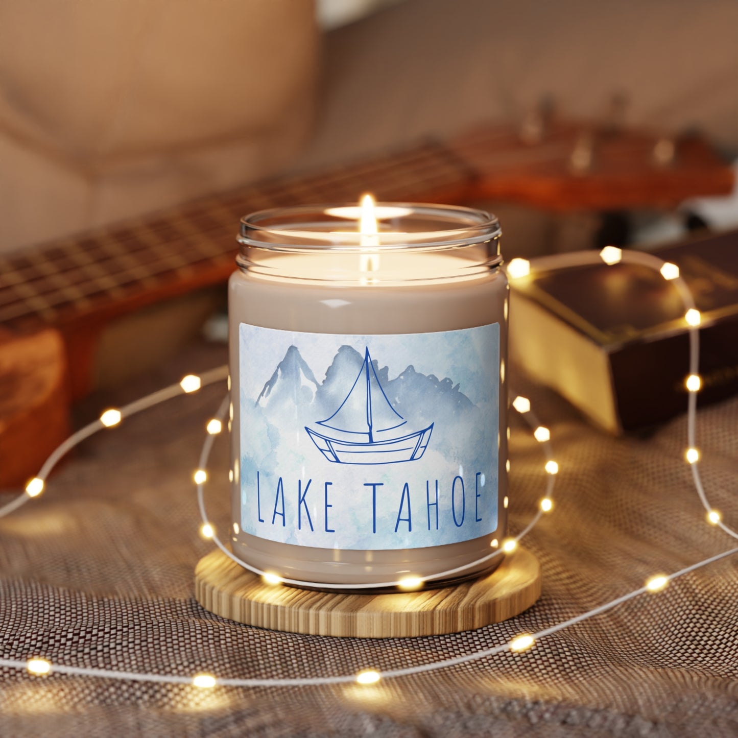 Lake Tahoe Sailboat candle in shades of blue watercolors