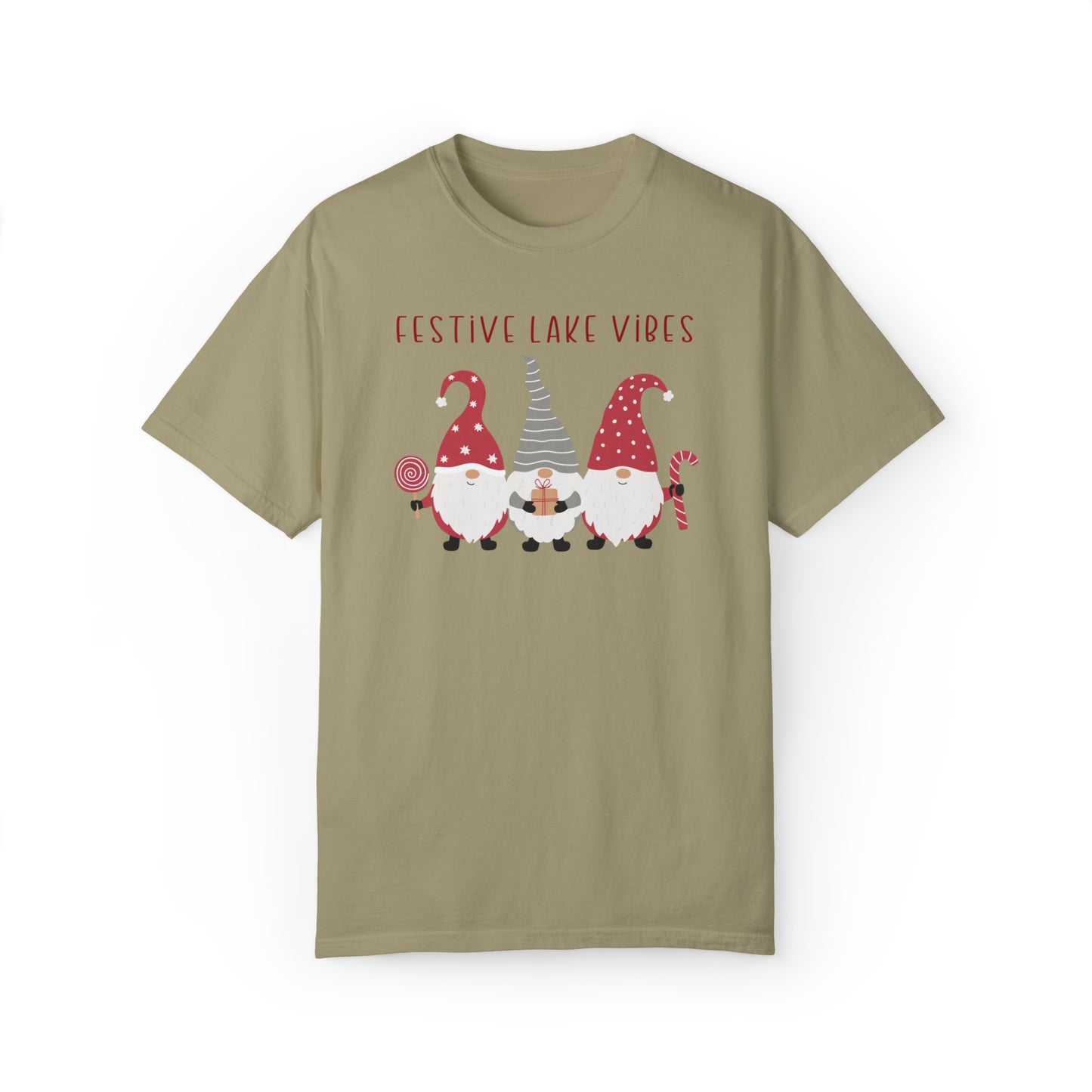 Holiday T-shirt, Festive Lake Vibes tee featuring adorable gnomes