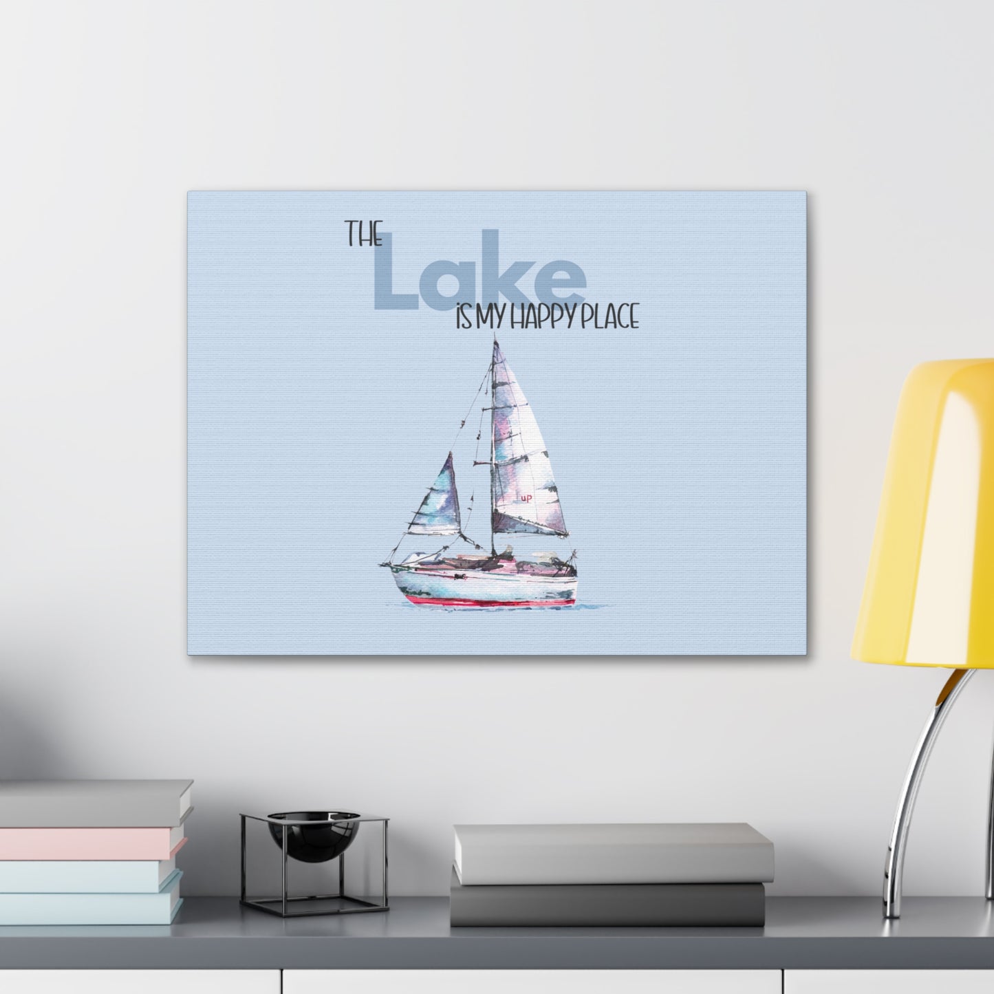 The Lake is my Happy Place Canvas in light blue & pink