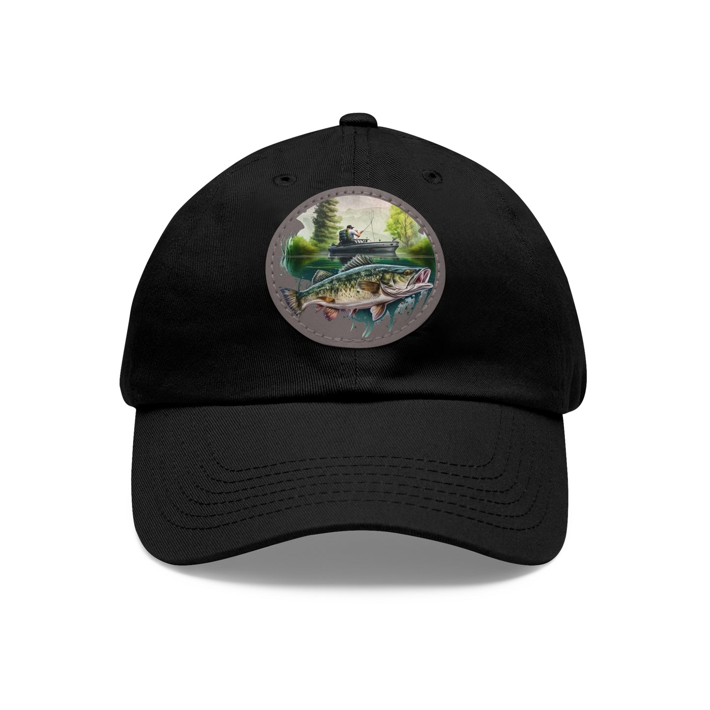 There's Always a Bigger Fish Dad Hat with Leather Patch, white hat featuring a fisherman and a walleye