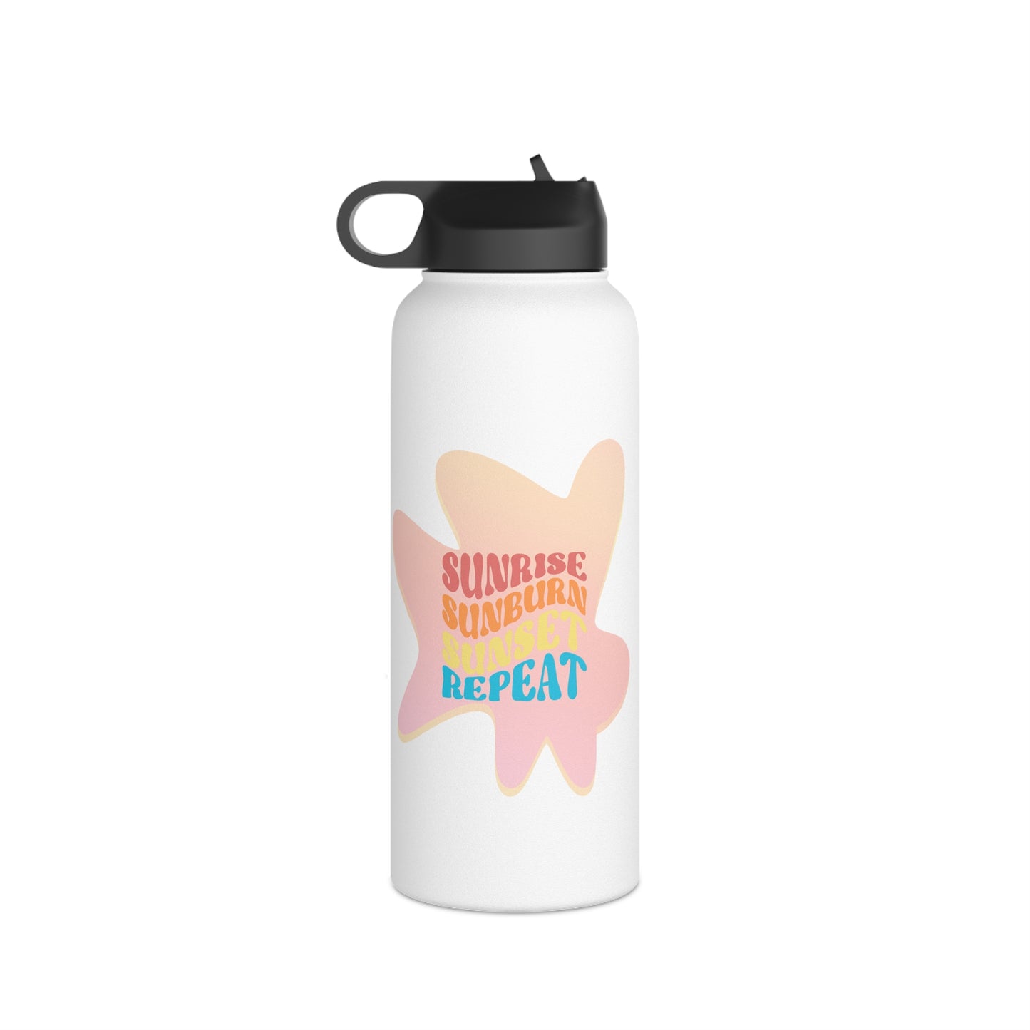 Sunrise, Sunburn, Sunset, Repeat Stainless Steel Water Bottle in pink and white