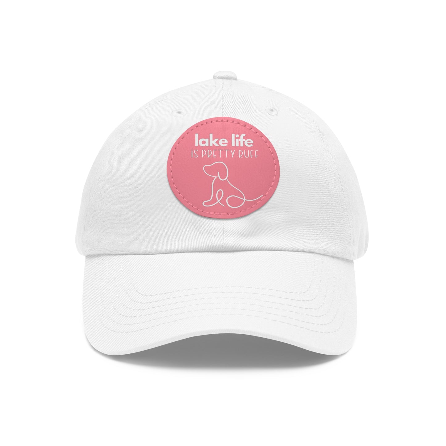 Lake Life is Pretty Ruff Dad Hat with Leather Patch, featuring an adorable pup line drawing and lettering above the design in white, available in 9 colors