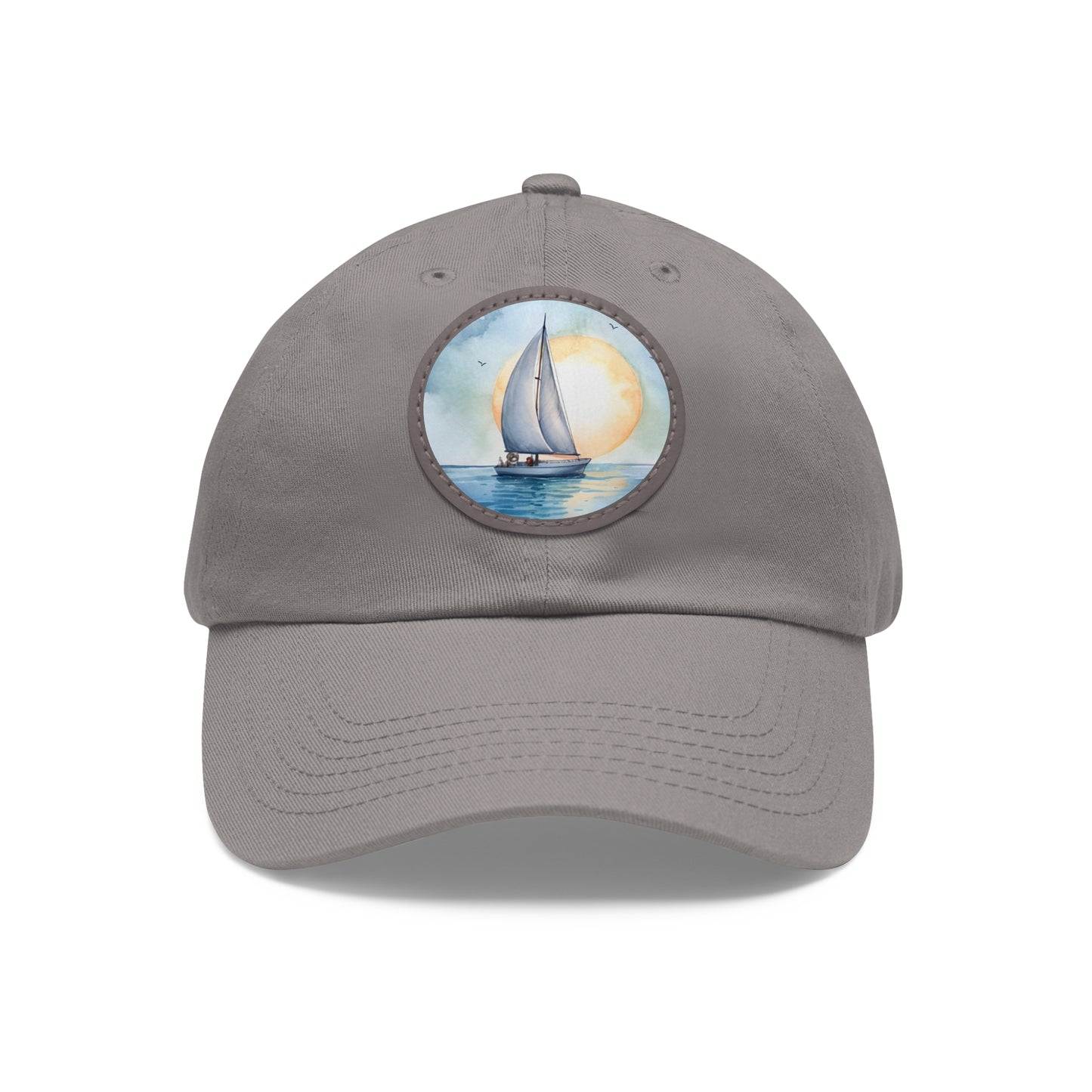 Sailing at Sunrise Dad Hat with Leather Patch, white hat featuring a sailboat in blue watercolors