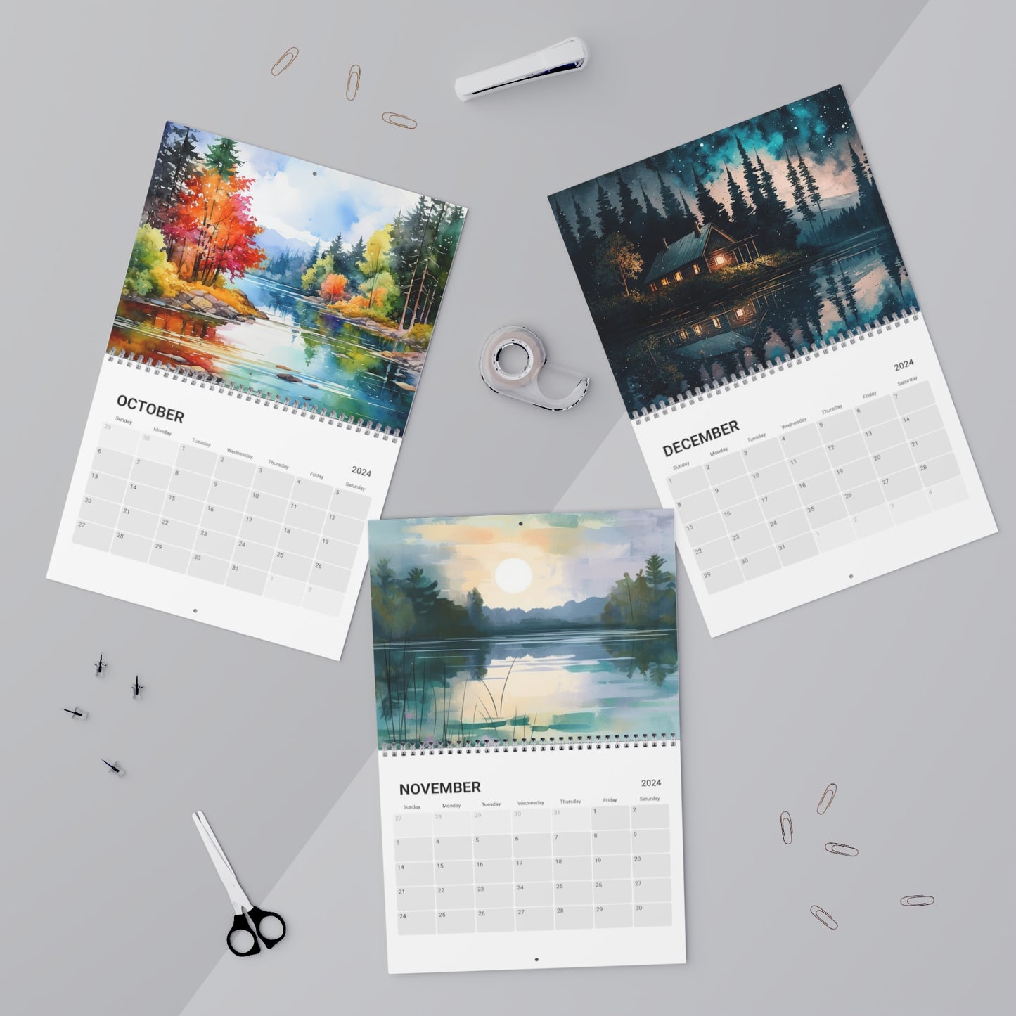 Lakeside Reflections Wall Calendar (2024) featuring 12 months of beautiful watercolor lake scenes