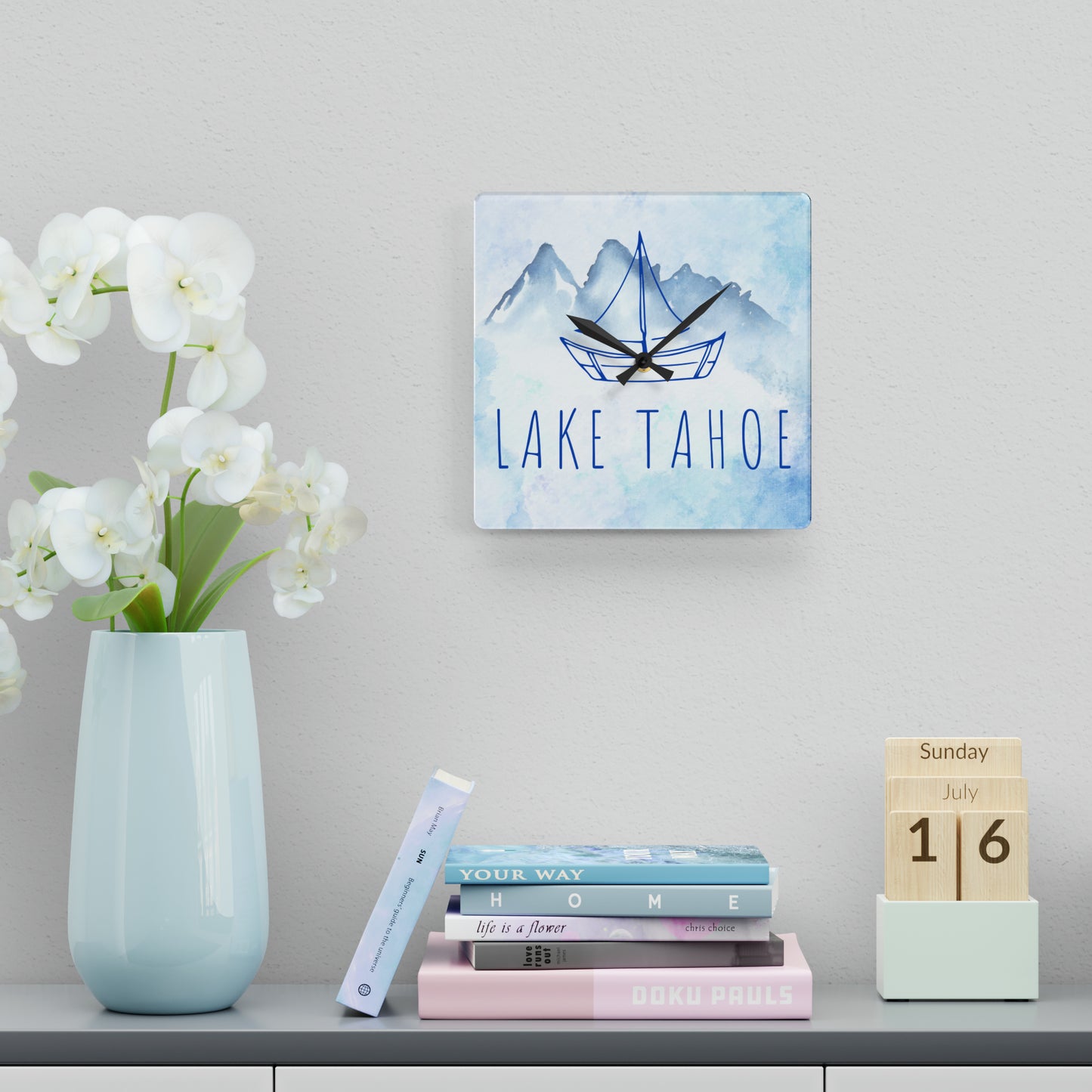 Lake Tahoe Sailboat Acrylic Wall Clock in shades of blue watercolors