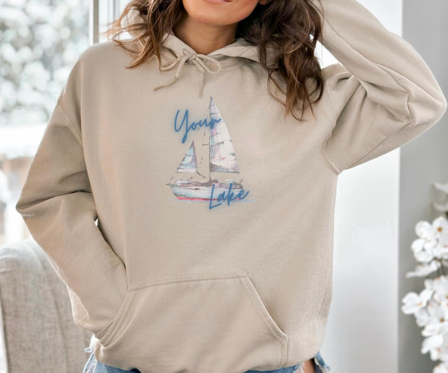 Customizable Colorful Sailboat Unisex Hoodie, personalized with the name of your lake