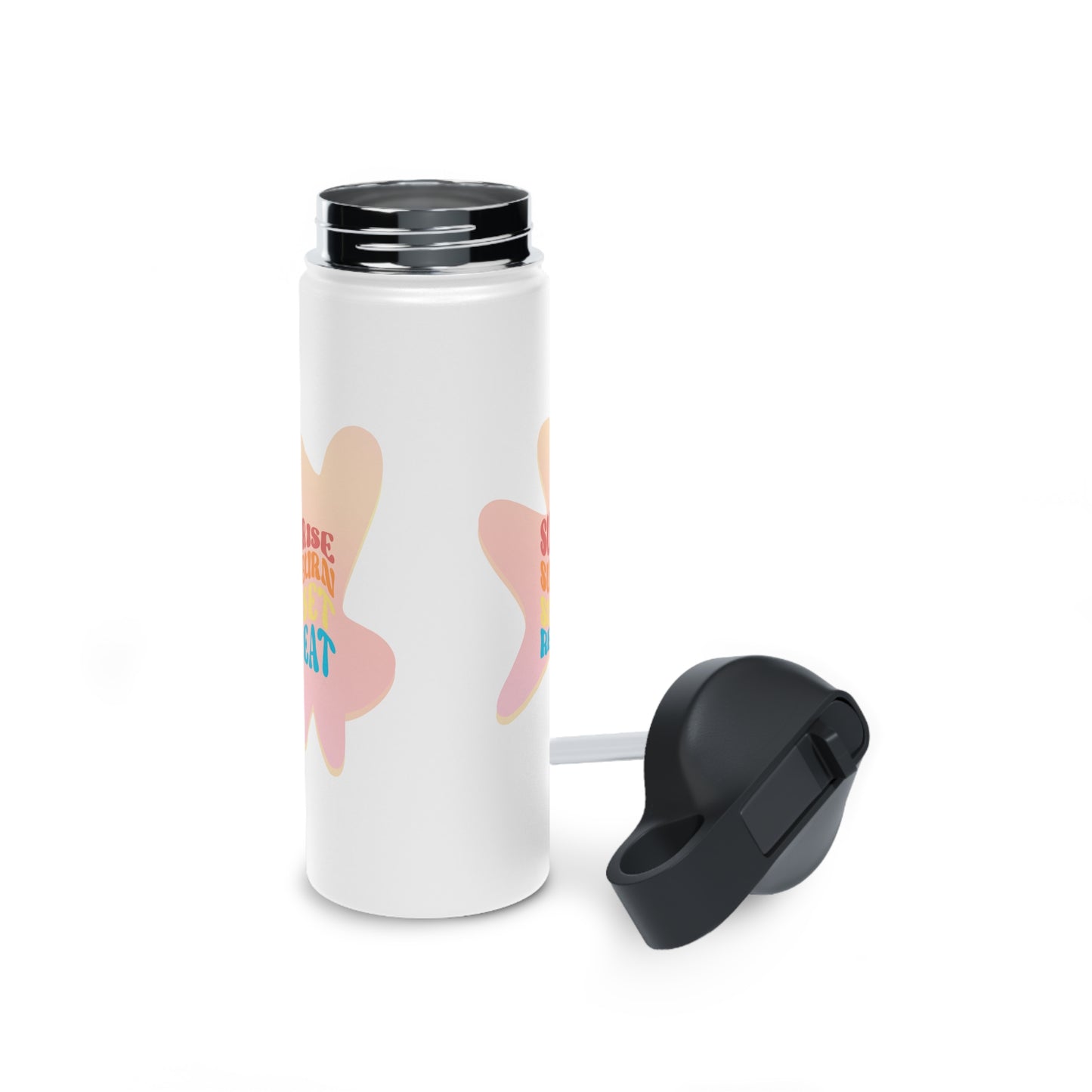 Sunrise, Sunburn, Sunset, Repeat Stainless Steel Water Bottle in pink and white