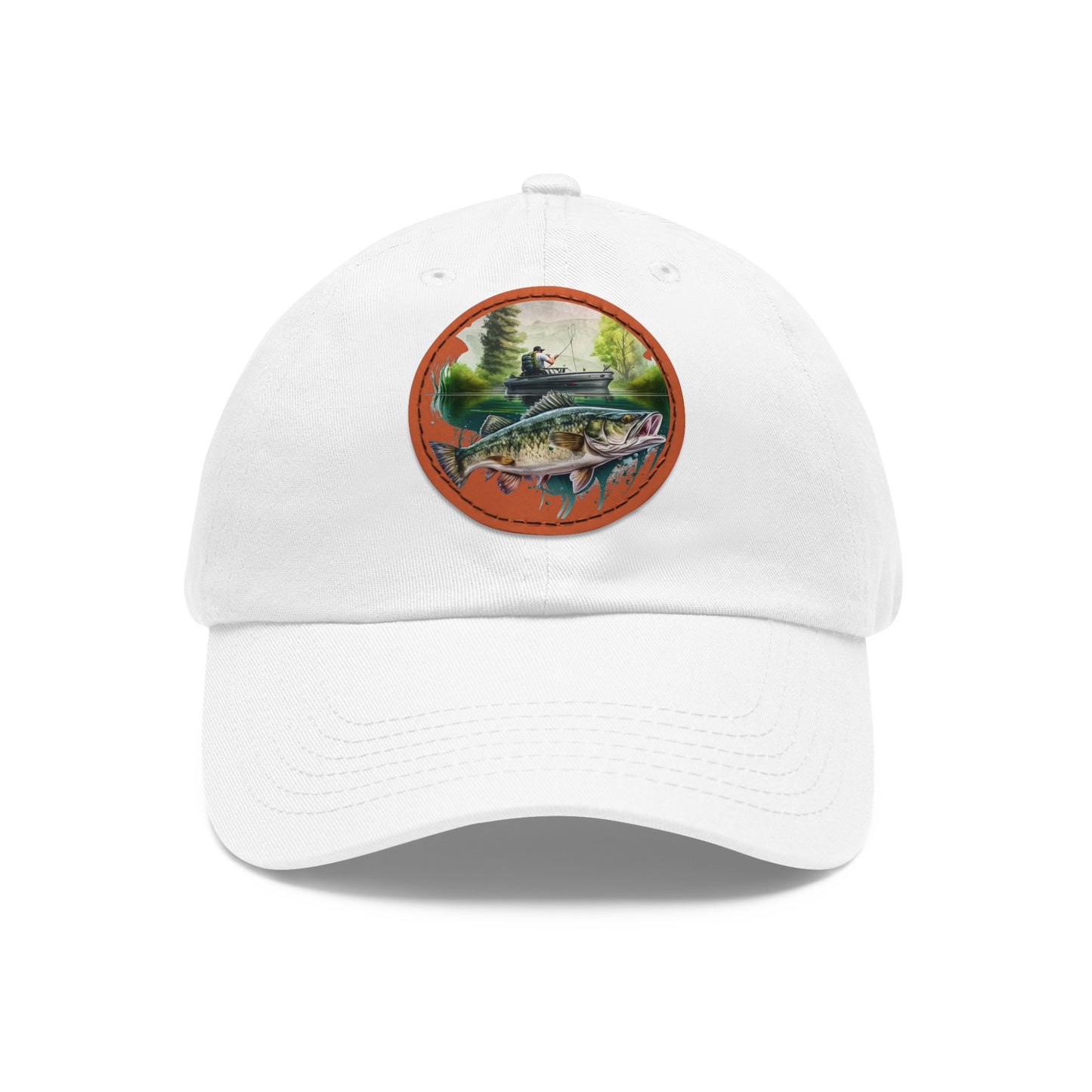 There's Always a Bigger Fish Dad Hat with Leather Patch, white hat featuring a fisherman and a walleye