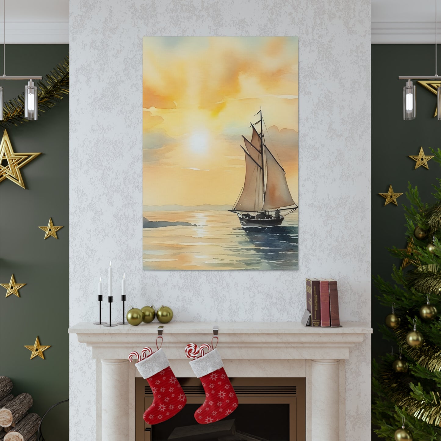 Mid-morning Sail Canvas, featuring a sailboat on a lake in beautiful shades of yellow, various sizes