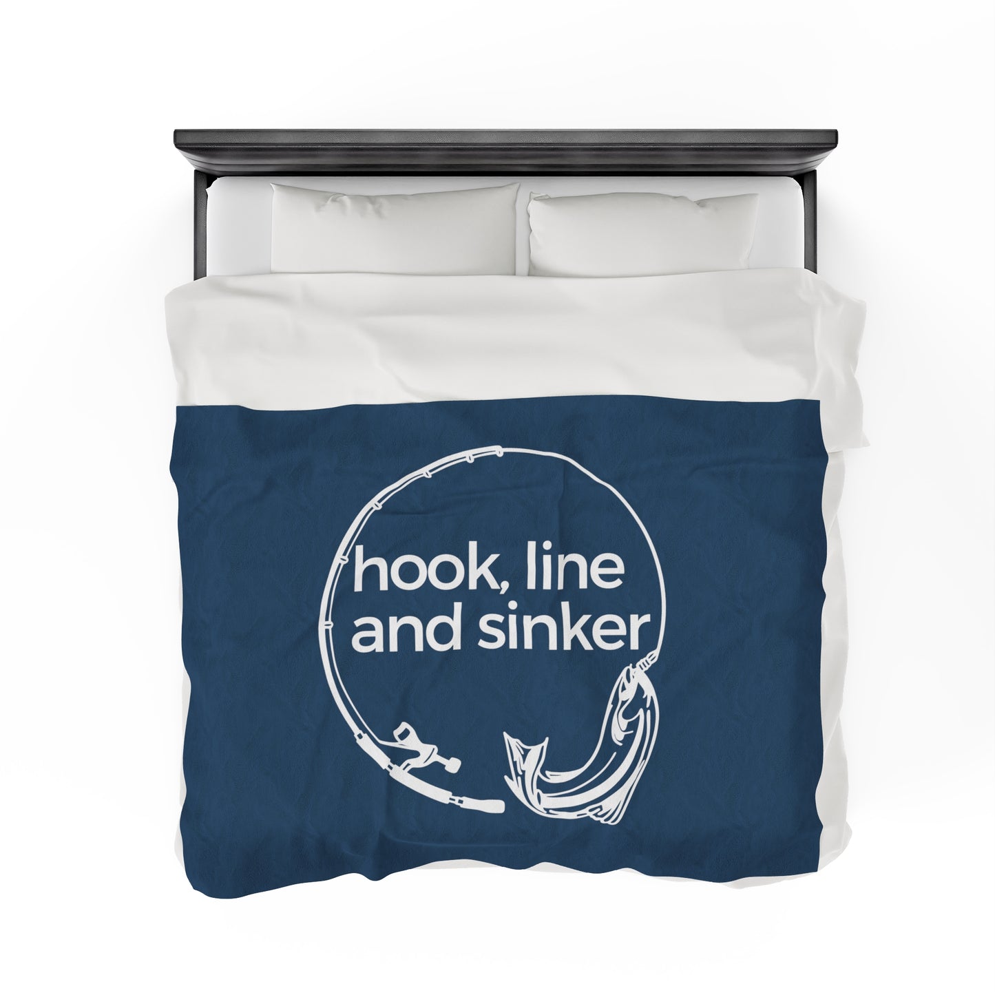 Hook, Line and Sinker Velveteen Plush Blanket in a deep warm blue color featuring a fishing pole and fish