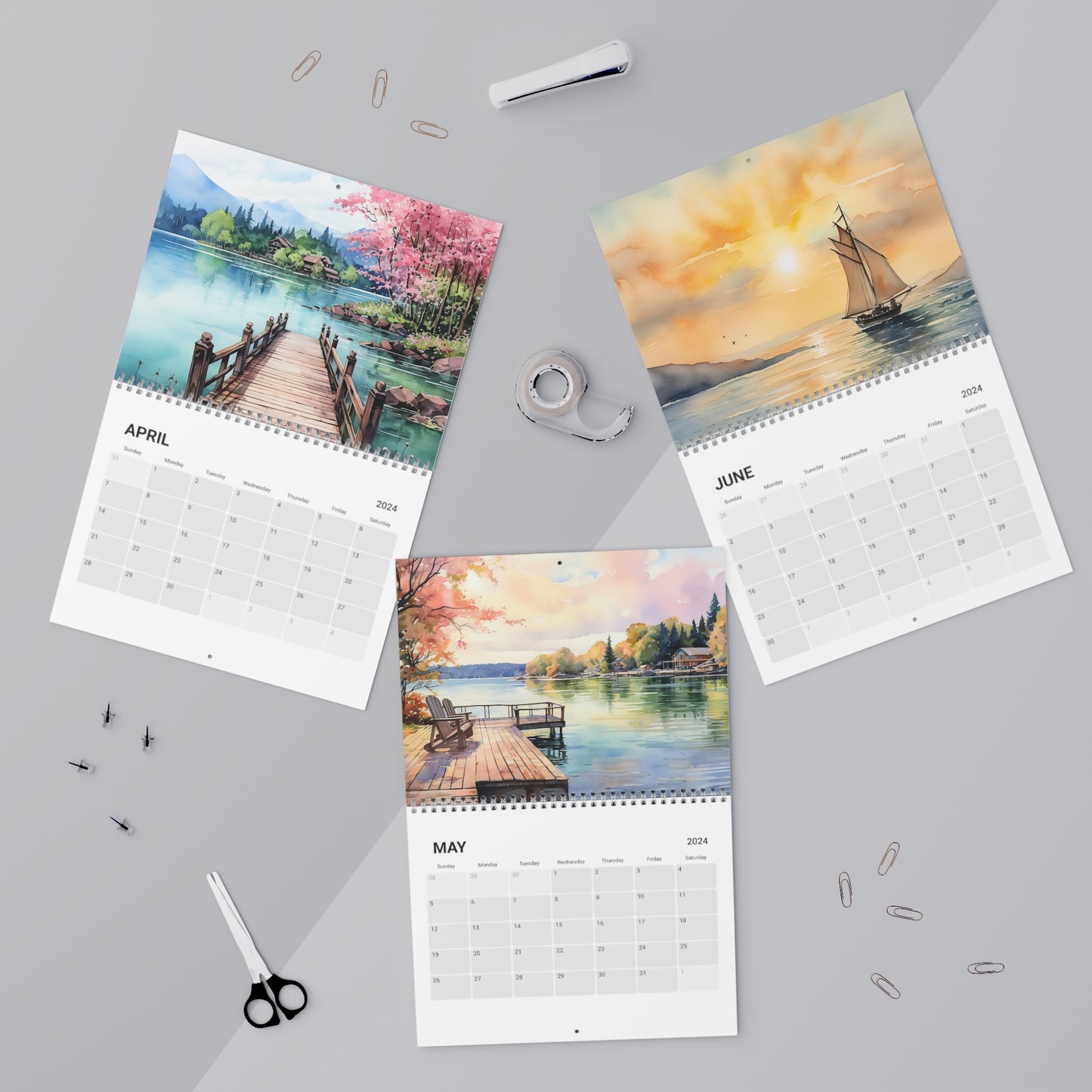 Lakeside Reflections Wall Calendar (2024) featuring 12 months of beautiful watercolor lake scenes