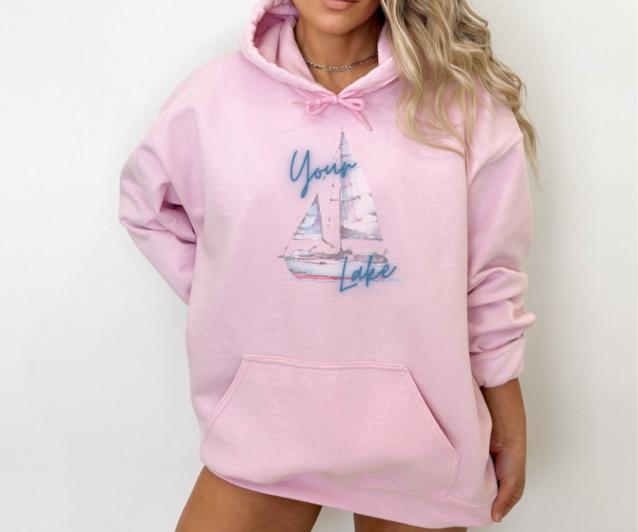 Customizable Colorful Sailboat Unisex Hoodie, personalized with the name of your lake