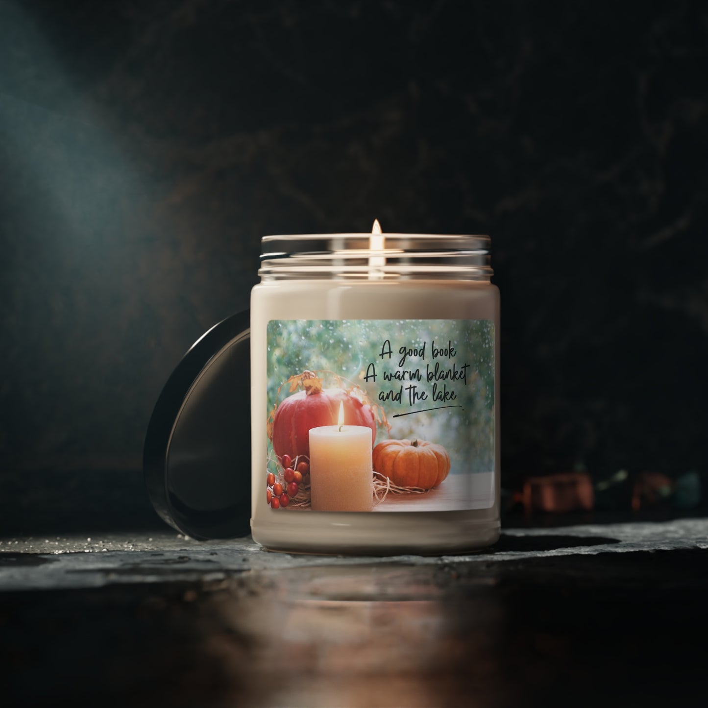 A good book, a warm blanket and the lake scented candle, 9oz, the perfect complement to autumn