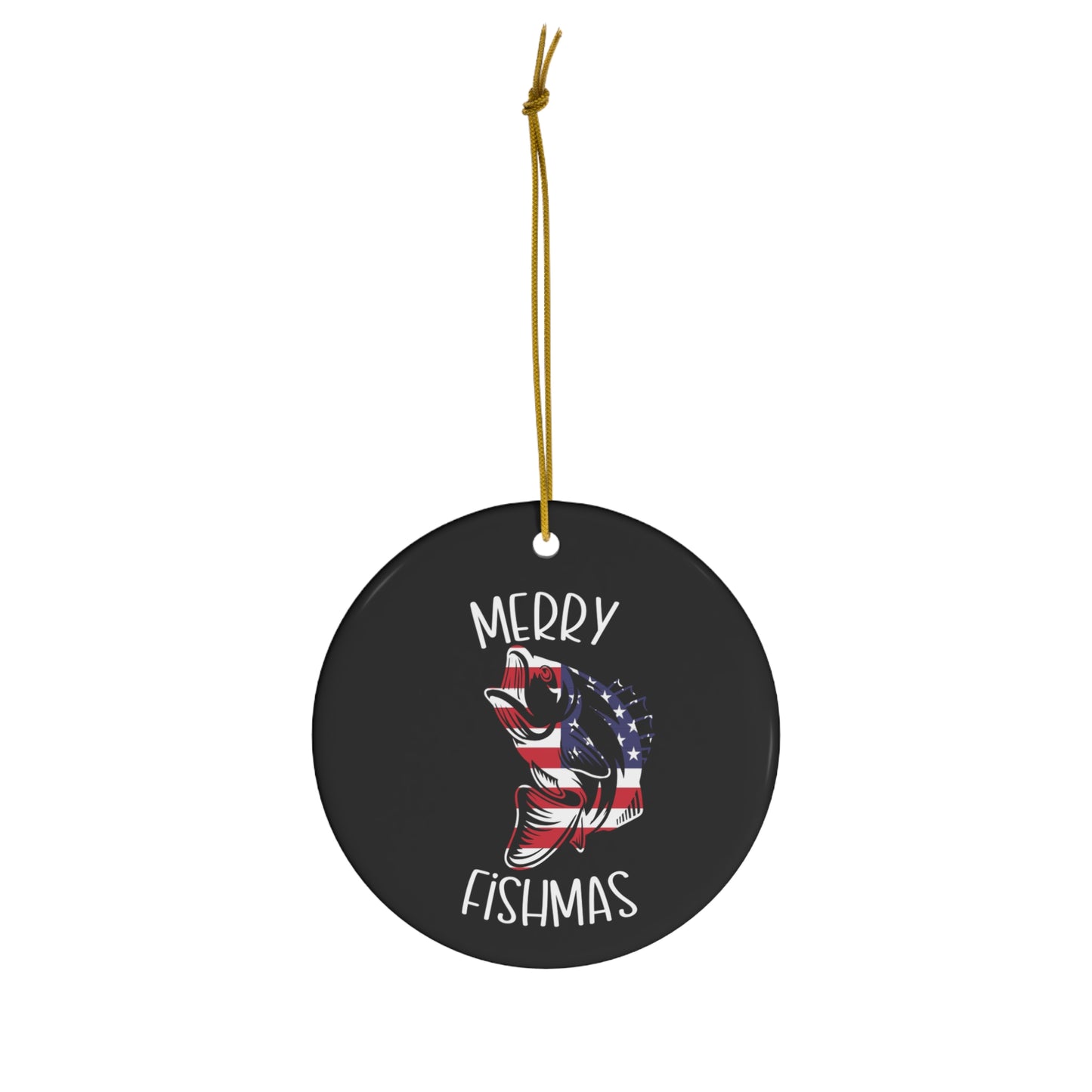 Merry Fishmas Ceramic Ornament, circle shaped tree ornament with a red white and blue bass, white lettering on a black colored background