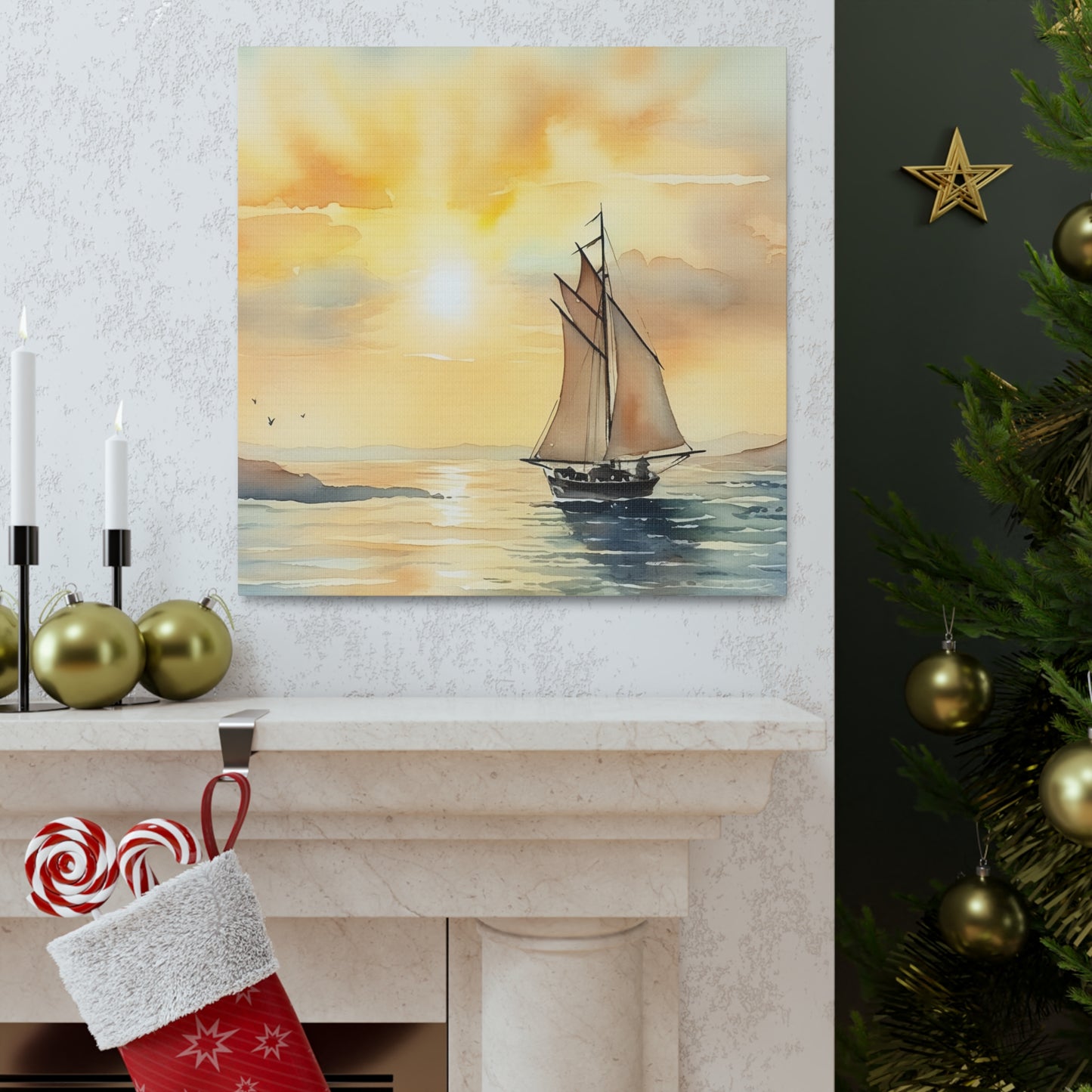 Mid-morning Sail Canvas, featuring a sailboat on a lake in beautiful shades of yellow, various sizes