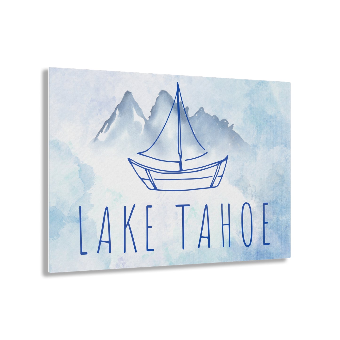 Lake Tahoe Sailboat Acrylic Print in shades of blue watercolors