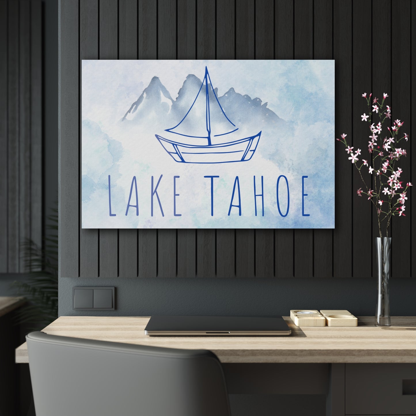 Lake Tahoe Sailboat Acrylic Print in shades of blue watercolors