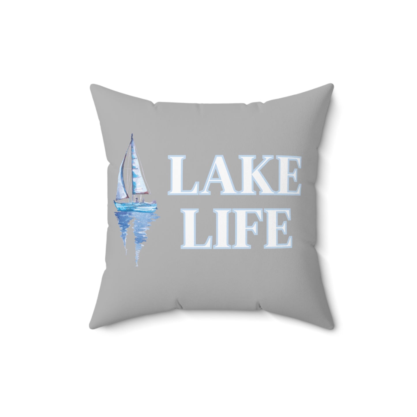 Lake Life Sailboat on the Water Square Pillow in grey, blue, & white