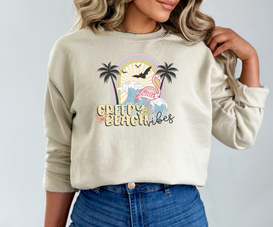 Halloween Crewneck Sweatshirt, Creepy Beach Vibes Sweatshirt