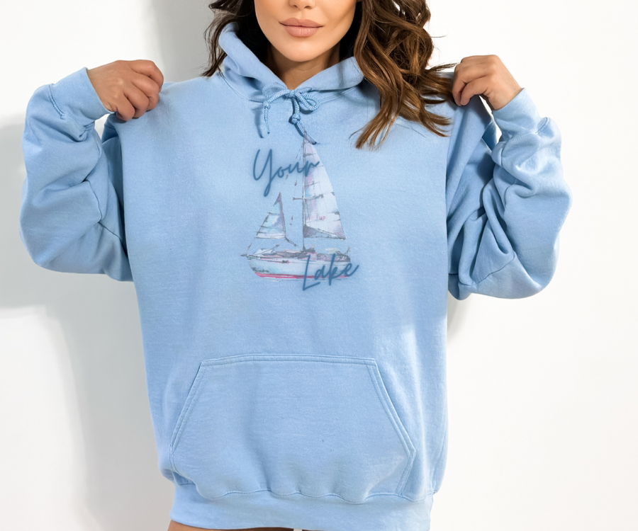 Customizable Colorful Sailboat Unisex Hoodie, personalized with the name of your lake