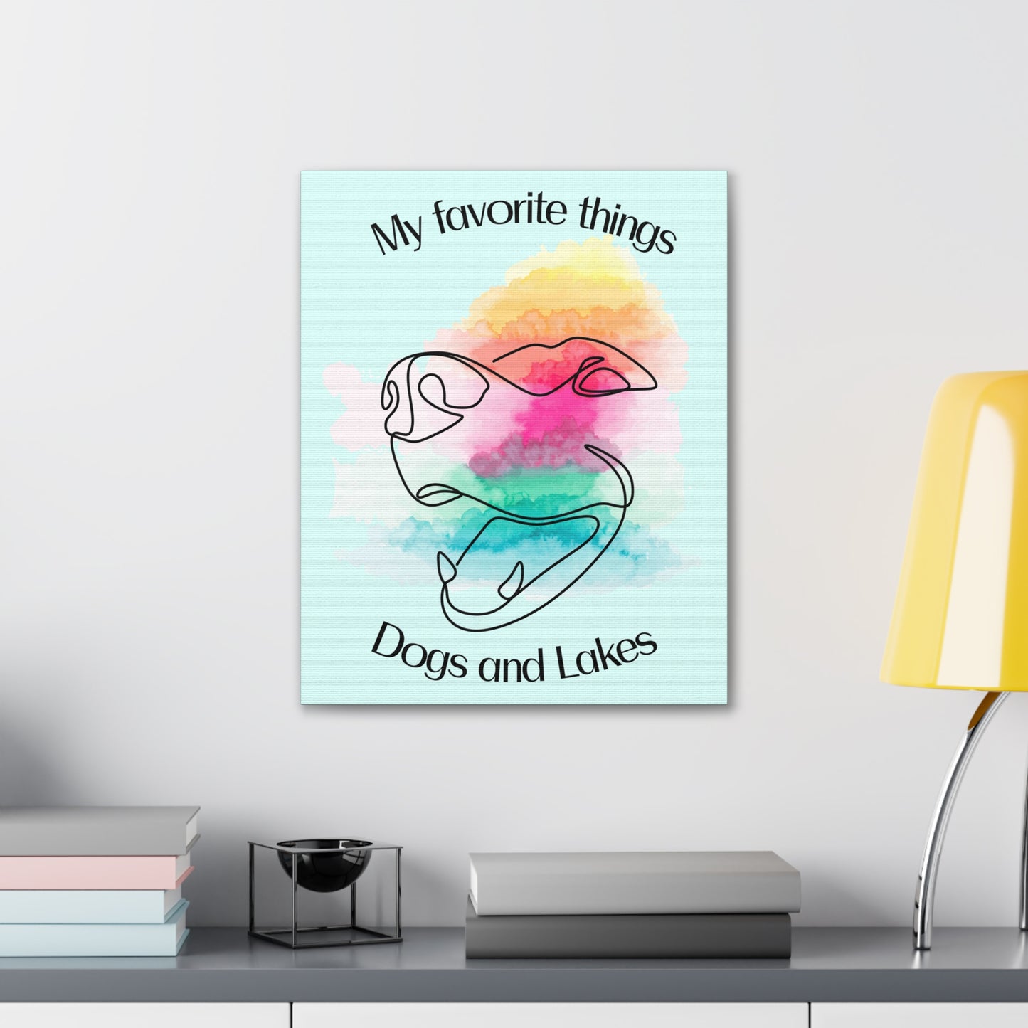 My Favorite Things ... Dogs and Lakes Canvas, featuring a cute dog face line drawing with watercolors and a mint green background