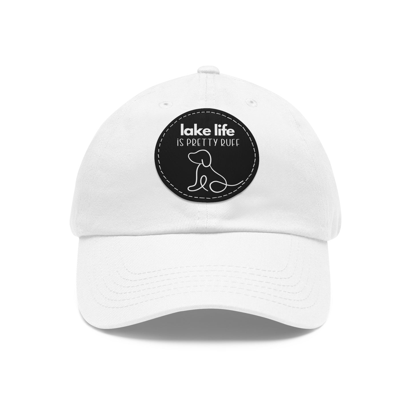 Lake Life is Pretty Ruff Dad Hat with Leather Patch, featuring an adorable pup line drawing and lettering above the design in white, available in 9 colors