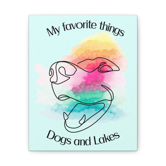 My Favorite Things ... Dogs and Lakes Canvas, featuring a cute dog face line drawing with watercolors and a mint green background