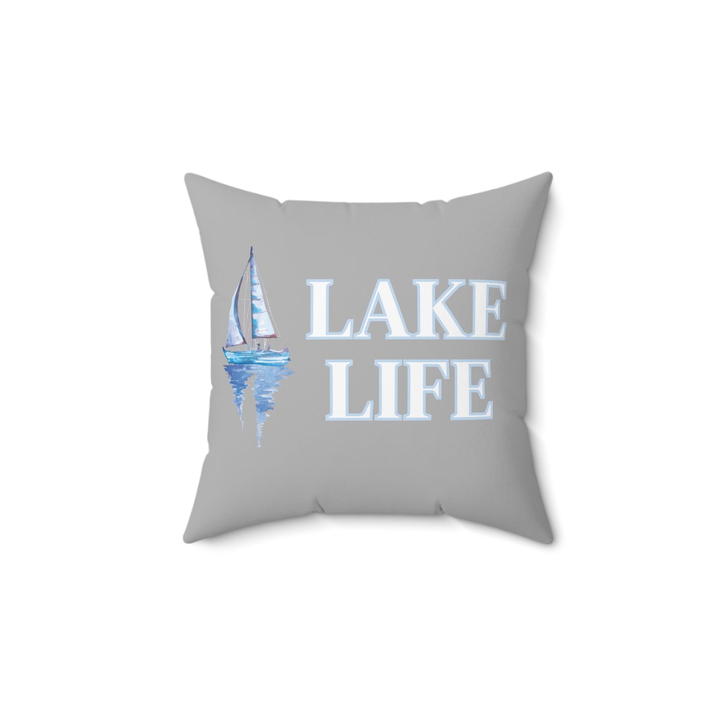 Lake Life Sailboat on the Water Square Pillow in grey, blue, & white