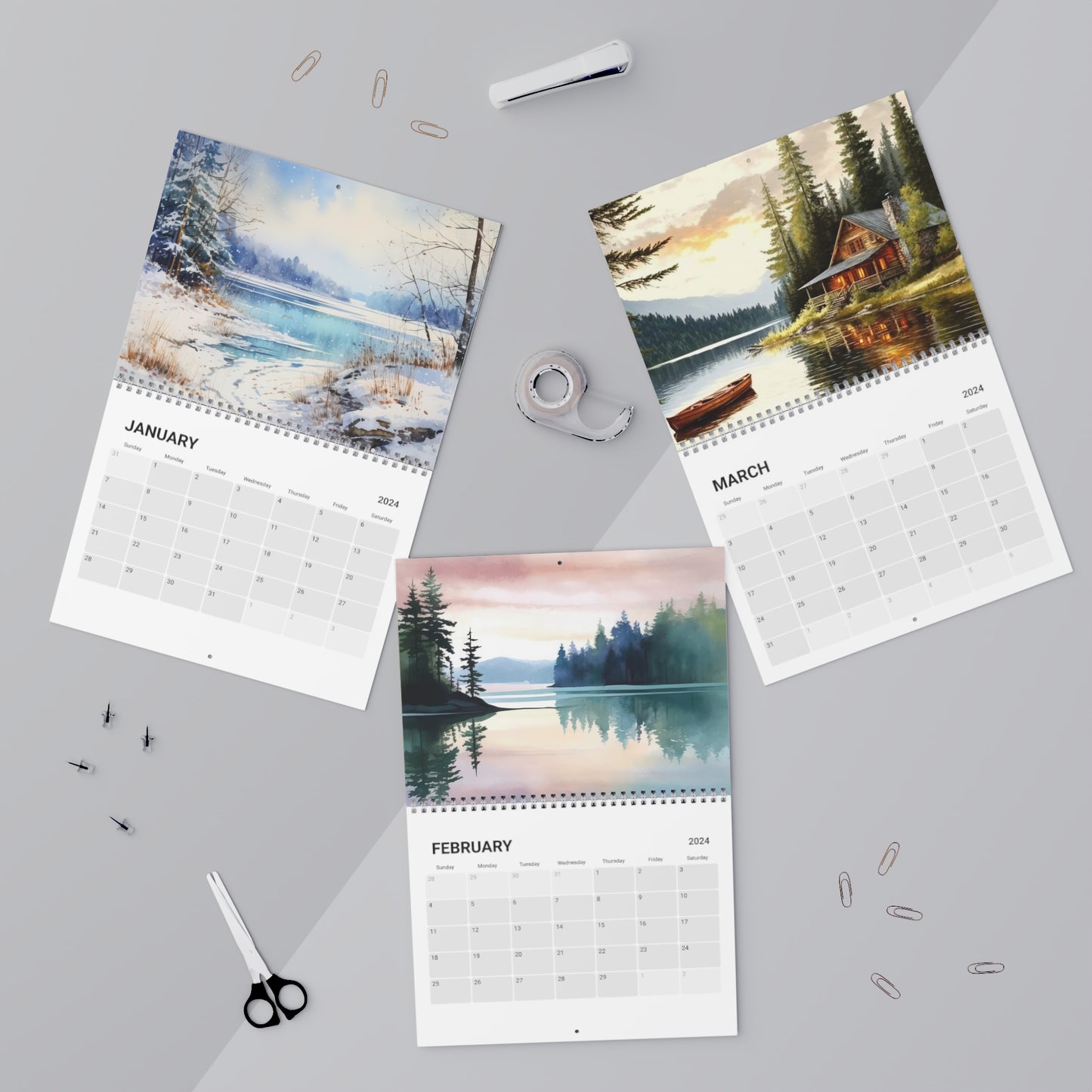 Lakeside Reflections Wall Calendar (2024) featuring 12 months of beautiful watercolor lake scenes