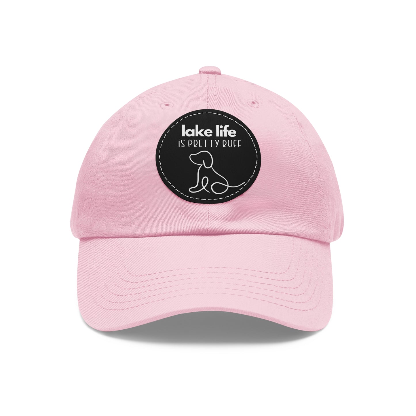 Lake Life is Pretty Ruff Dad Hat with Leather Patch, featuring an adorable pup line drawing and lettering above the design in white, available in 9 colors