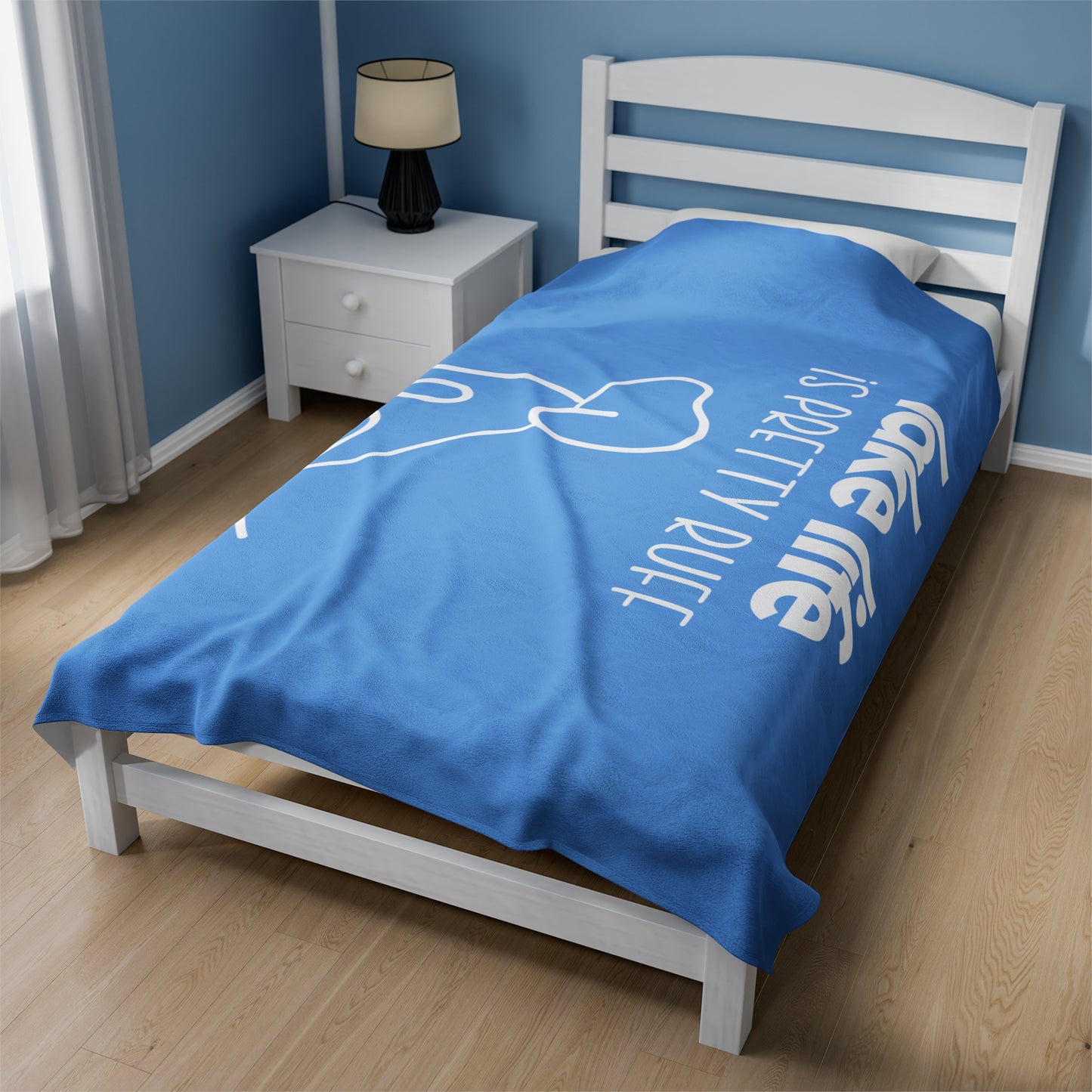 Lake life is Pretty Ruff Velveteen Plush Blanket featuring an adorable dog line drawing on a backdrop of blue