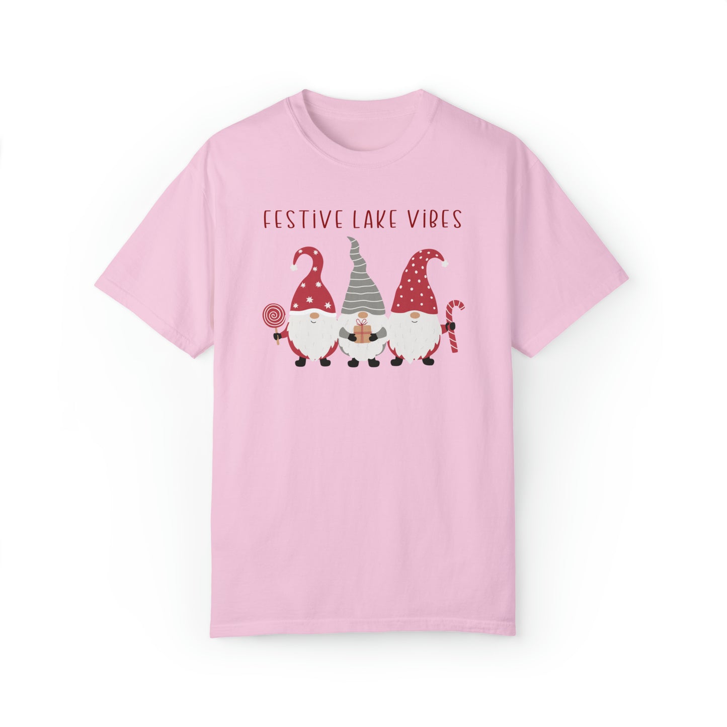 Holiday T-shirt, Festive Lake Vibes tee featuring adorable gnomes