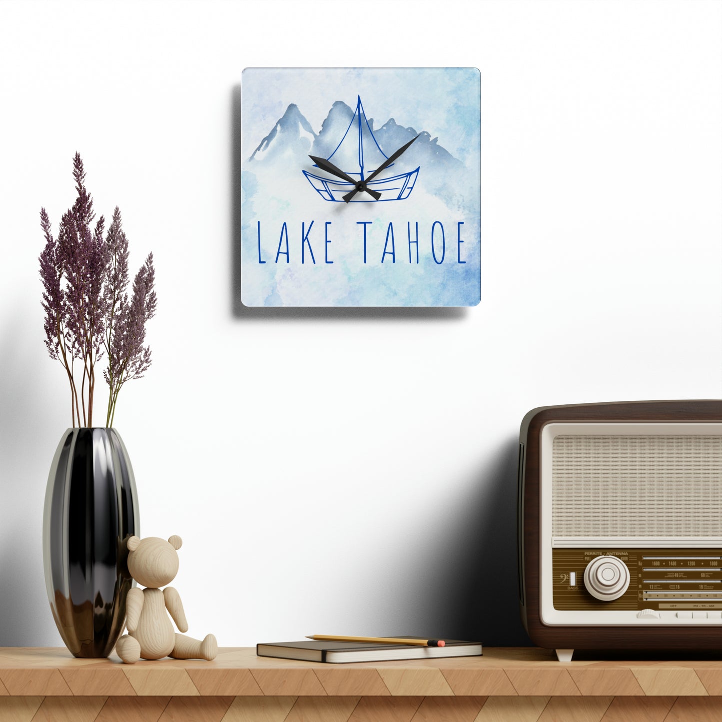 Lake Tahoe Sailboat Acrylic Wall Clock in shades of blue watercolors