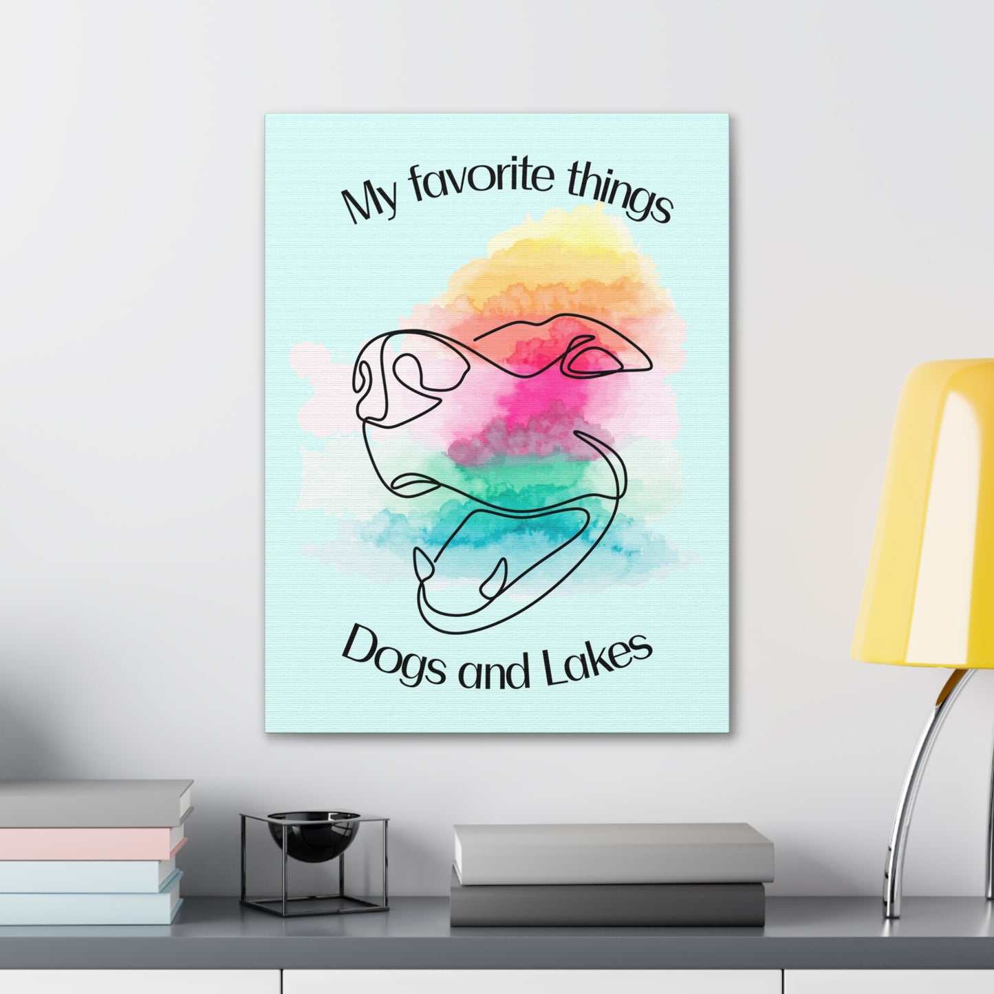 My Favorite Things ... Dogs and Lakes Canvas, featuring a cute dog face line drawing with watercolors and a mint green background