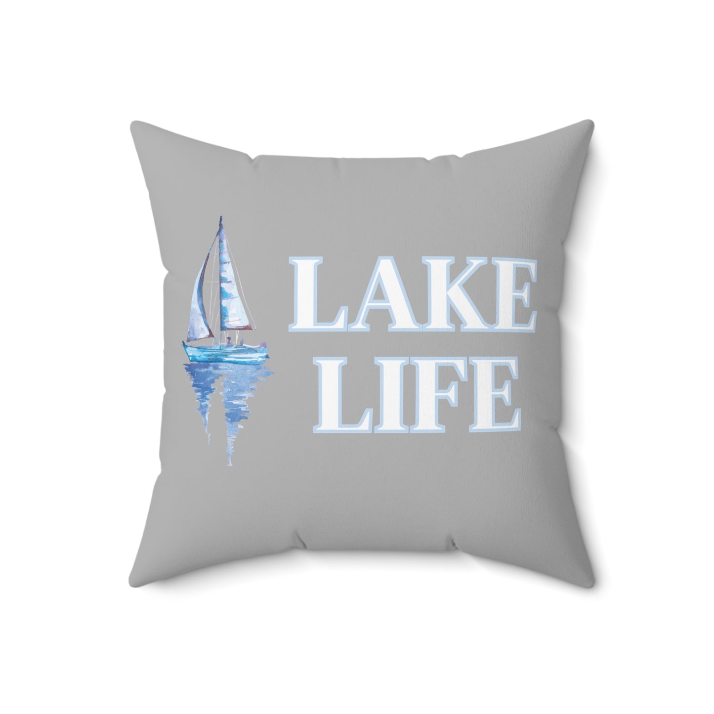 Lake Life Sailboat on the Water Square Pillow in grey, blue, & white