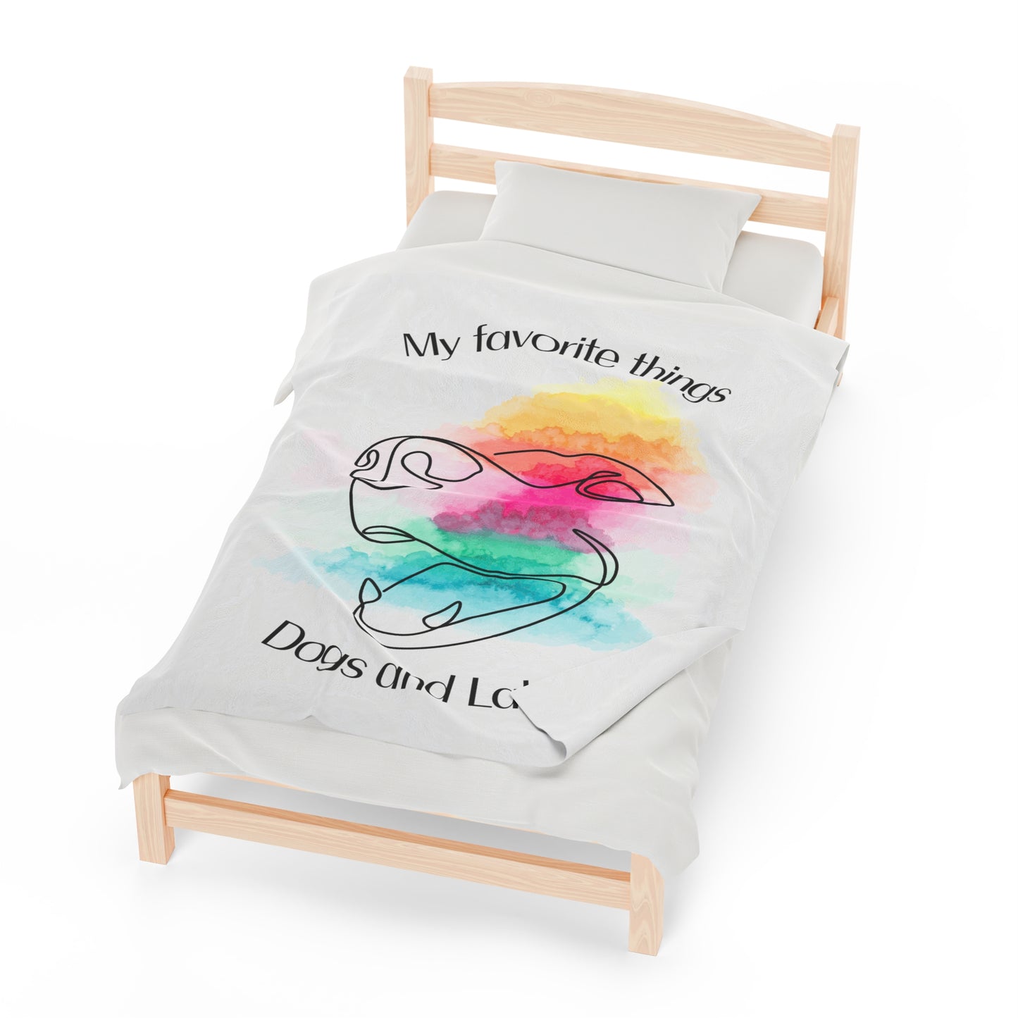 My Favorite Things: Dogs and Lakes Velveteen Plush Blanket featuring an adorable dog face line drawing with watercolor background