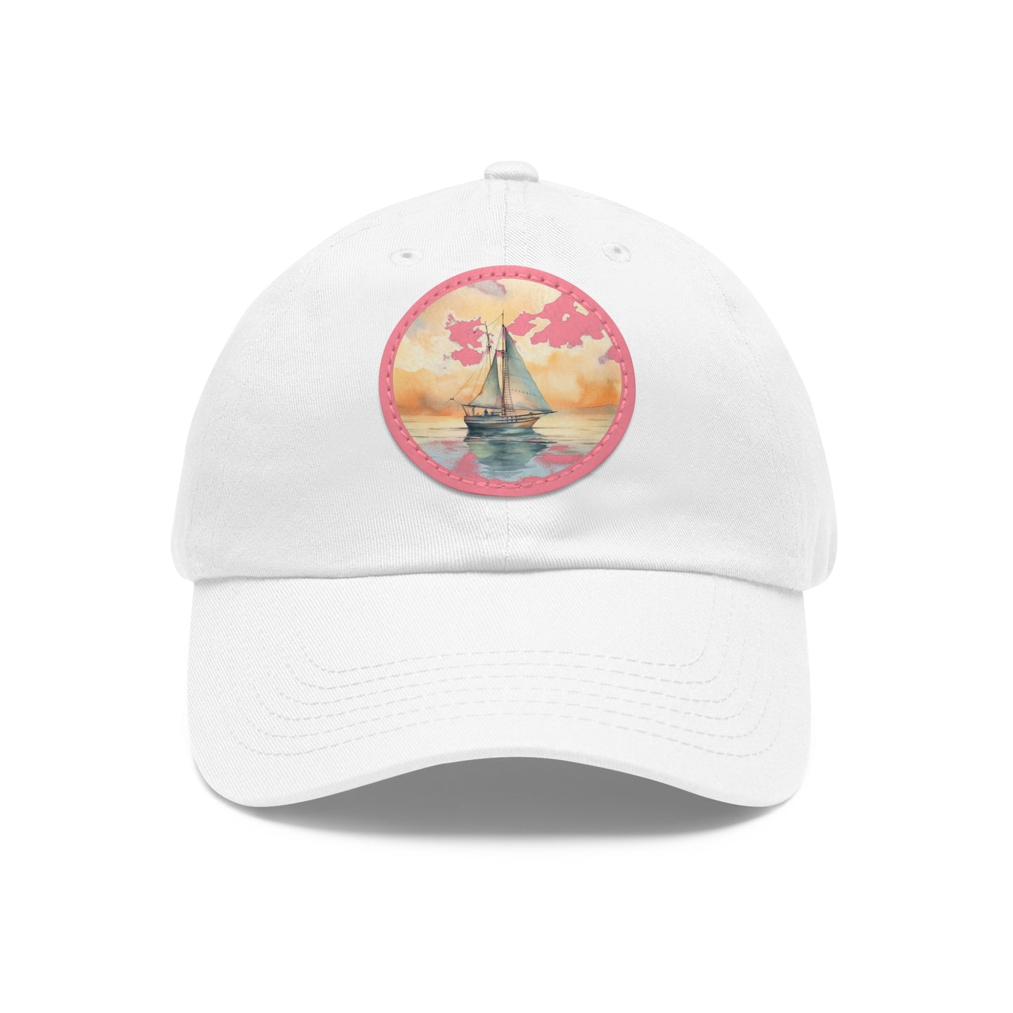 Nautical Elegance on a Crisp Morning Dad Hat with Leather Patch, white hat featuring a sailboat in neutral watercolors