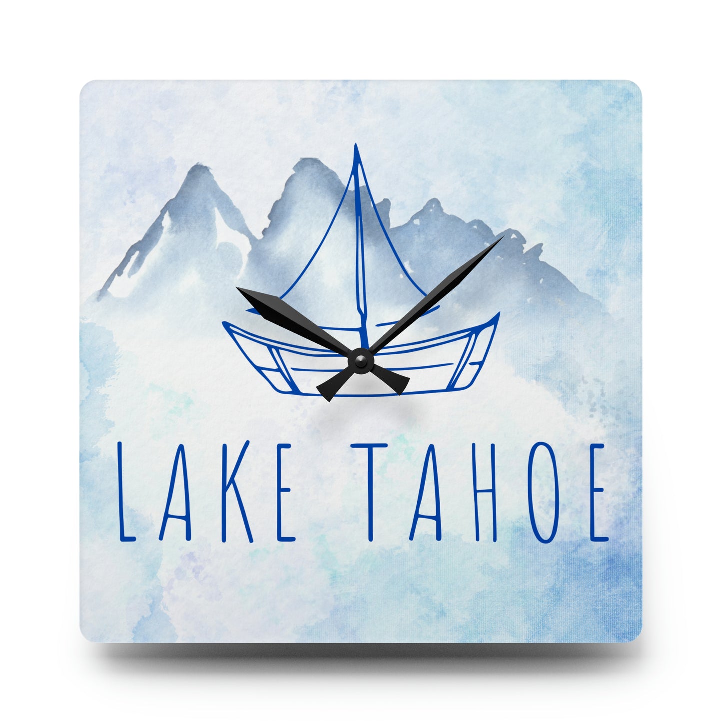 Lake Tahoe Sailboat Acrylic Wall Clock in shades of blue watercolors