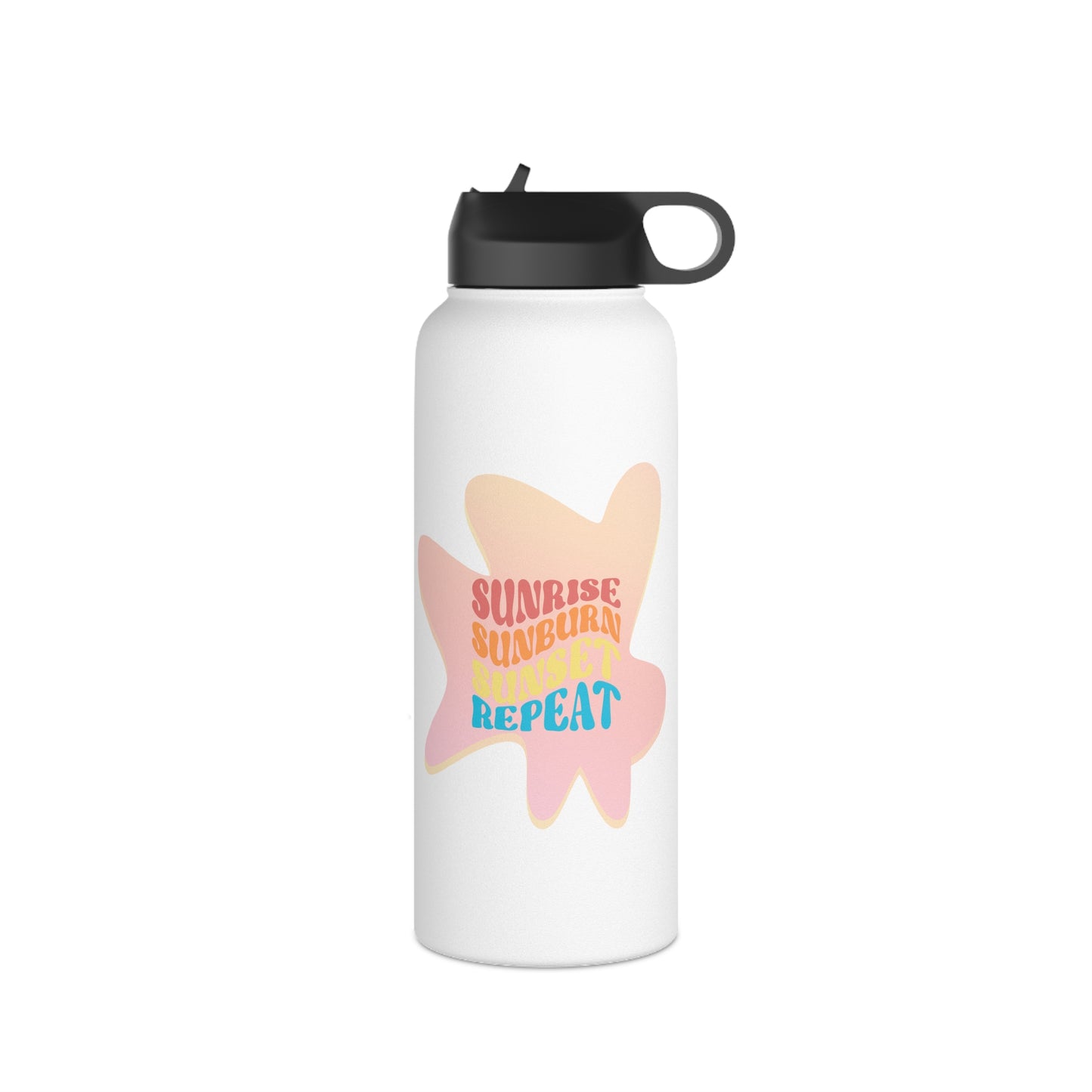 Sunrise, Sunburn, Sunset, Repeat Stainless Steel Water Bottle in pink and white