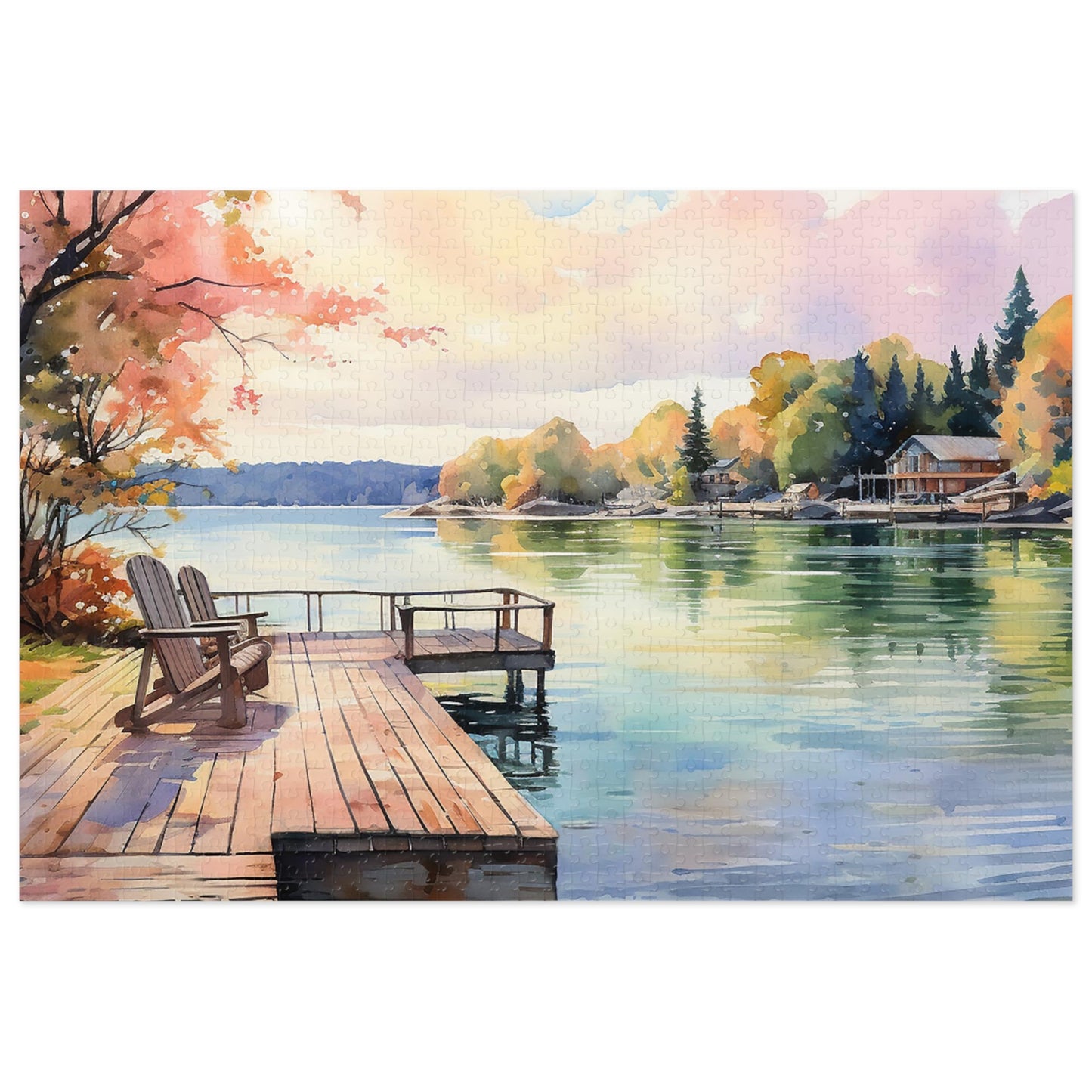 Lakeside Reflections Jigsaw Puzzle, beautiful watercolor scene, available in 500 or 1000 pieces