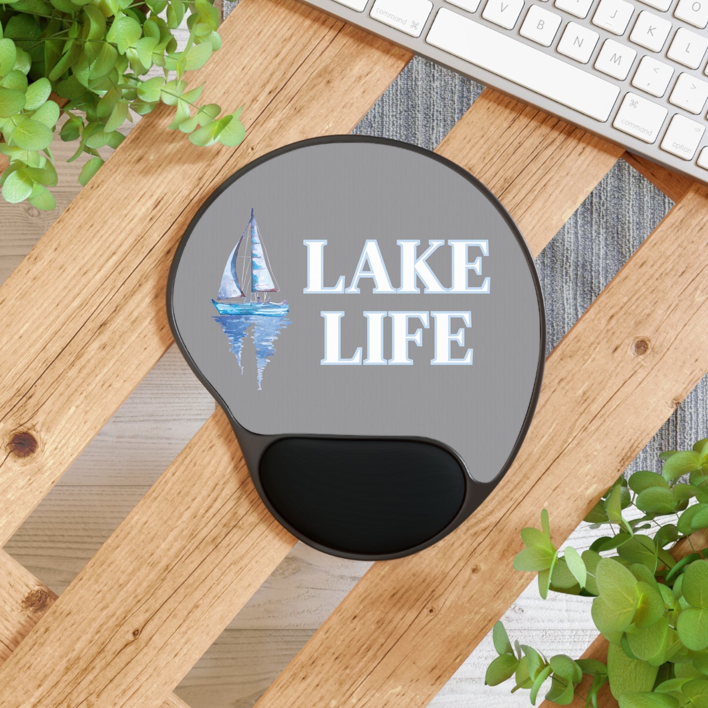 Lake Life Sailboat on the Water Mouse Pad in grey, blue, & white