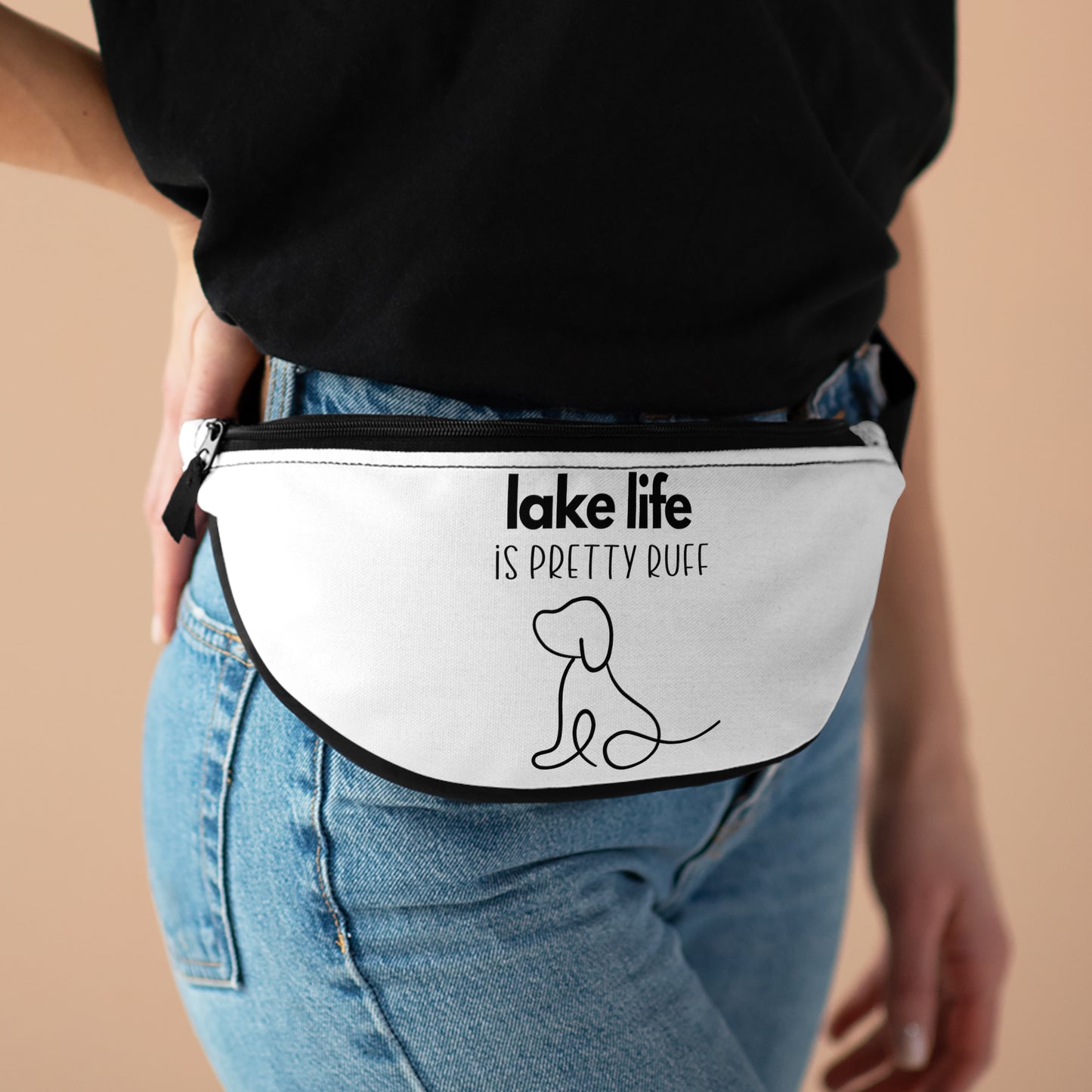 Lake Life is Pretty Ruff Fanny Pack, featuring an adorable pup line drawing and black lettering above it